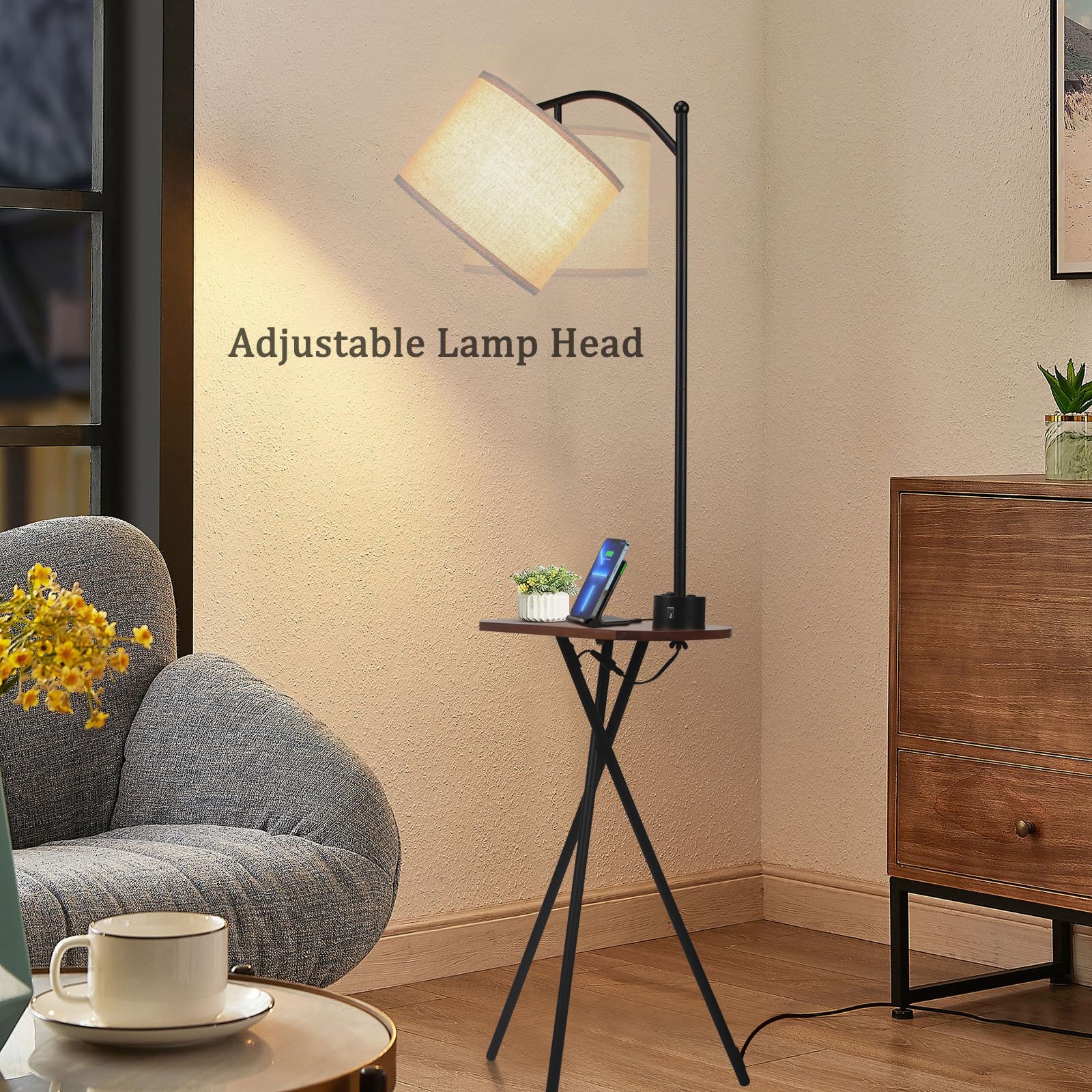 Lámpara de Pie con Mesa y Cargador, Trípode Lámpara Moderna con Estantes, Lámpara LED Regulable con Mando a Distancia para Salón, Dormitorio