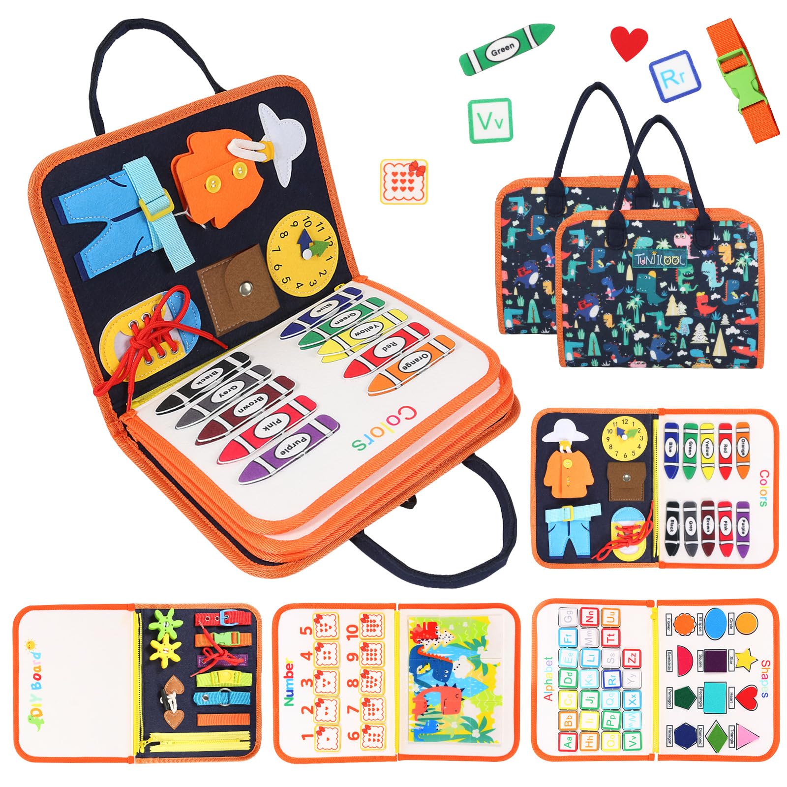 TUNJILOOL Montessori Busy Board - 8-in-1 Sensory Activity Book with Detachable Pages, Travel-Friendly Learning Toy for Fine Motor Skills &amp; Preschool Education