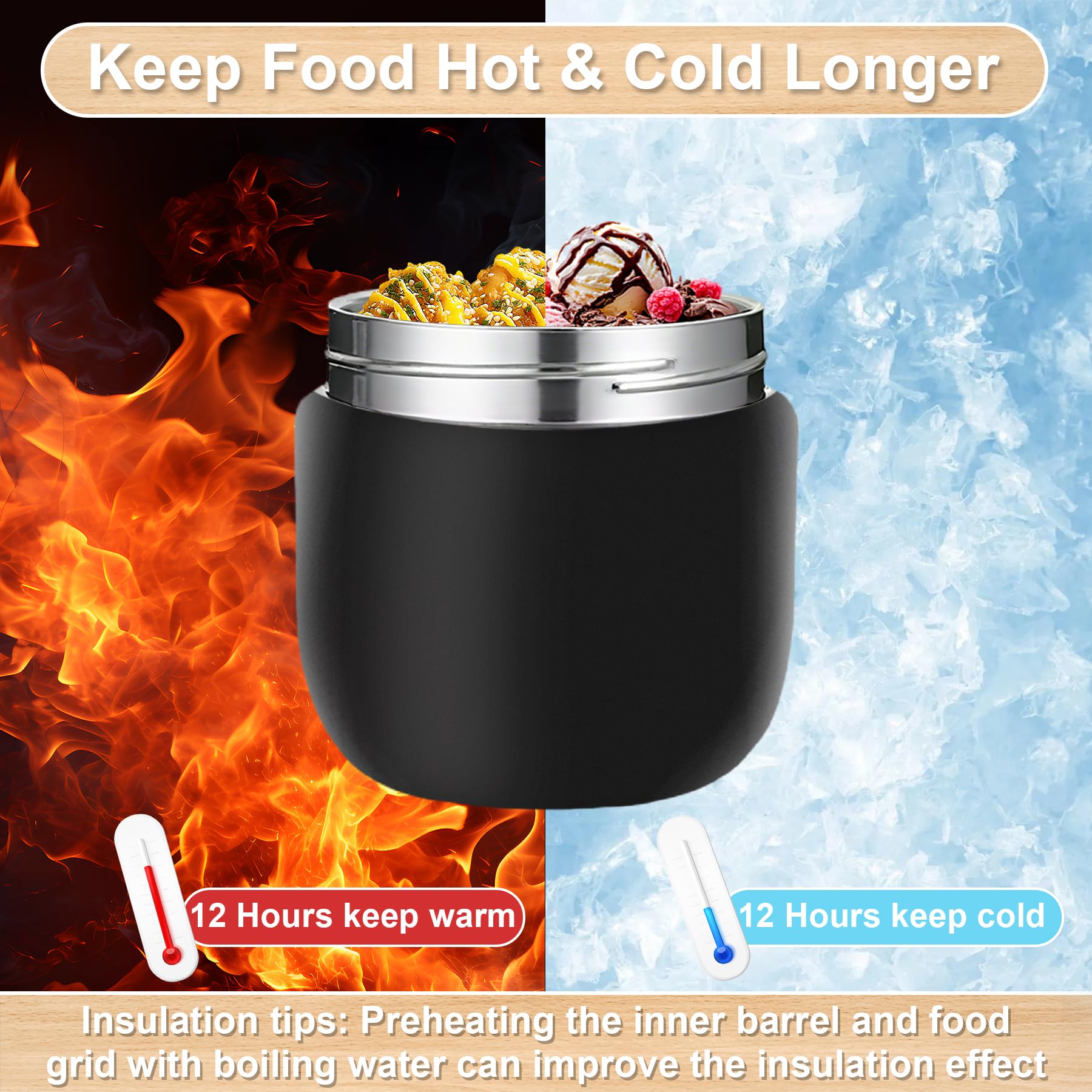 Portapranzo Termico per Alimenti 1200ml Contenitore Termico per Alimenti Caldi con Cucchiaio Pieghevole per Conservare Porridge,Zuppa,Frutta,Yogurt e Pranzi Nero