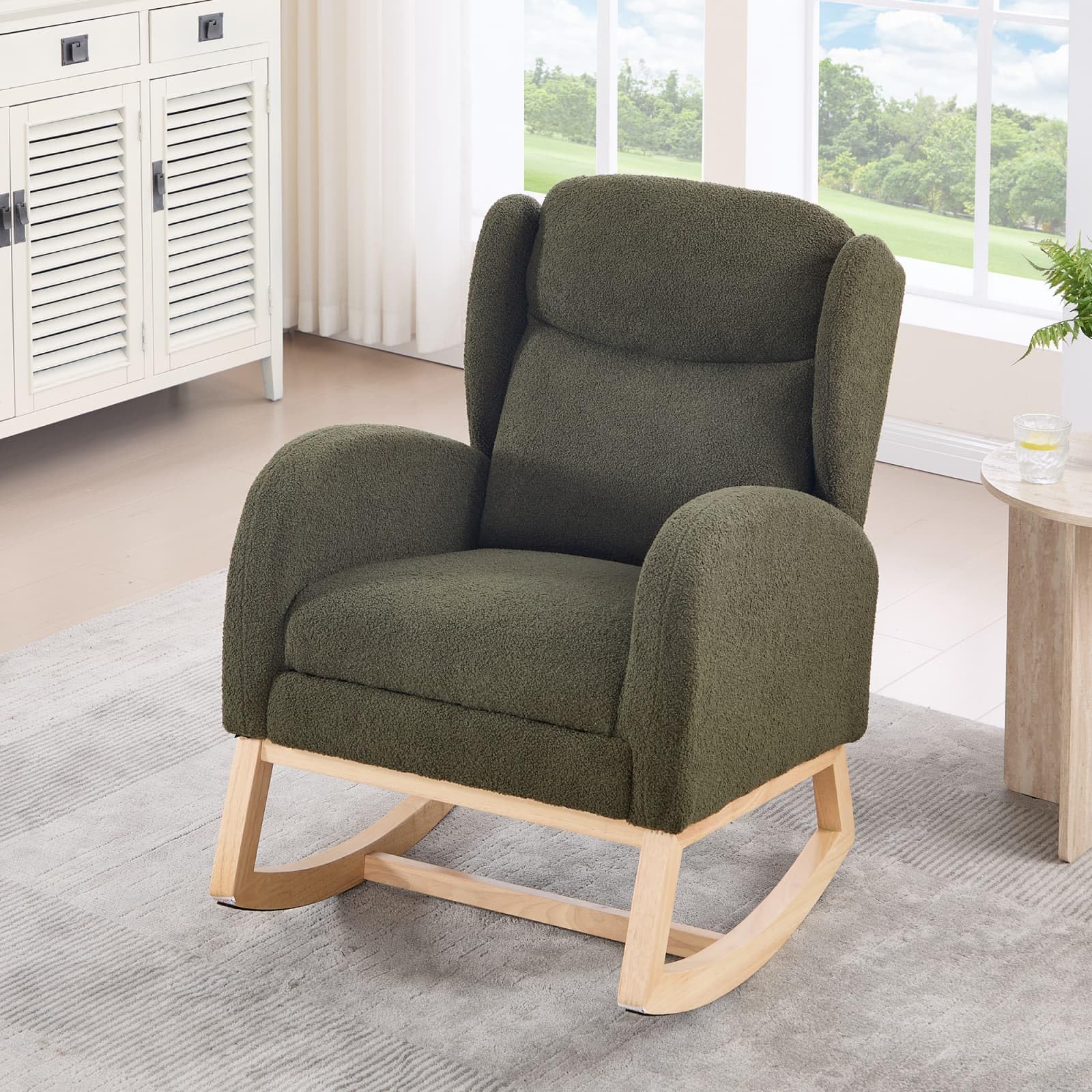 KOMHTOM Fauteuil à Bascule avec Repose-Pieds Escamotable, Rocking Chair avec Structure en Bois, Fauteuil Lounge, Poche de Rangement Latérale (Vert)