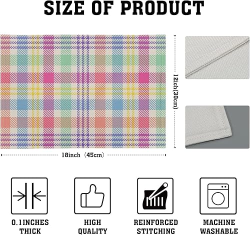 Miniatura 3 de Juego de 4 manteles individuales de primavera a cuadros, color rosa, verde, azul, colorido, búfalo, Pascua, manteles individuales de lino lavables