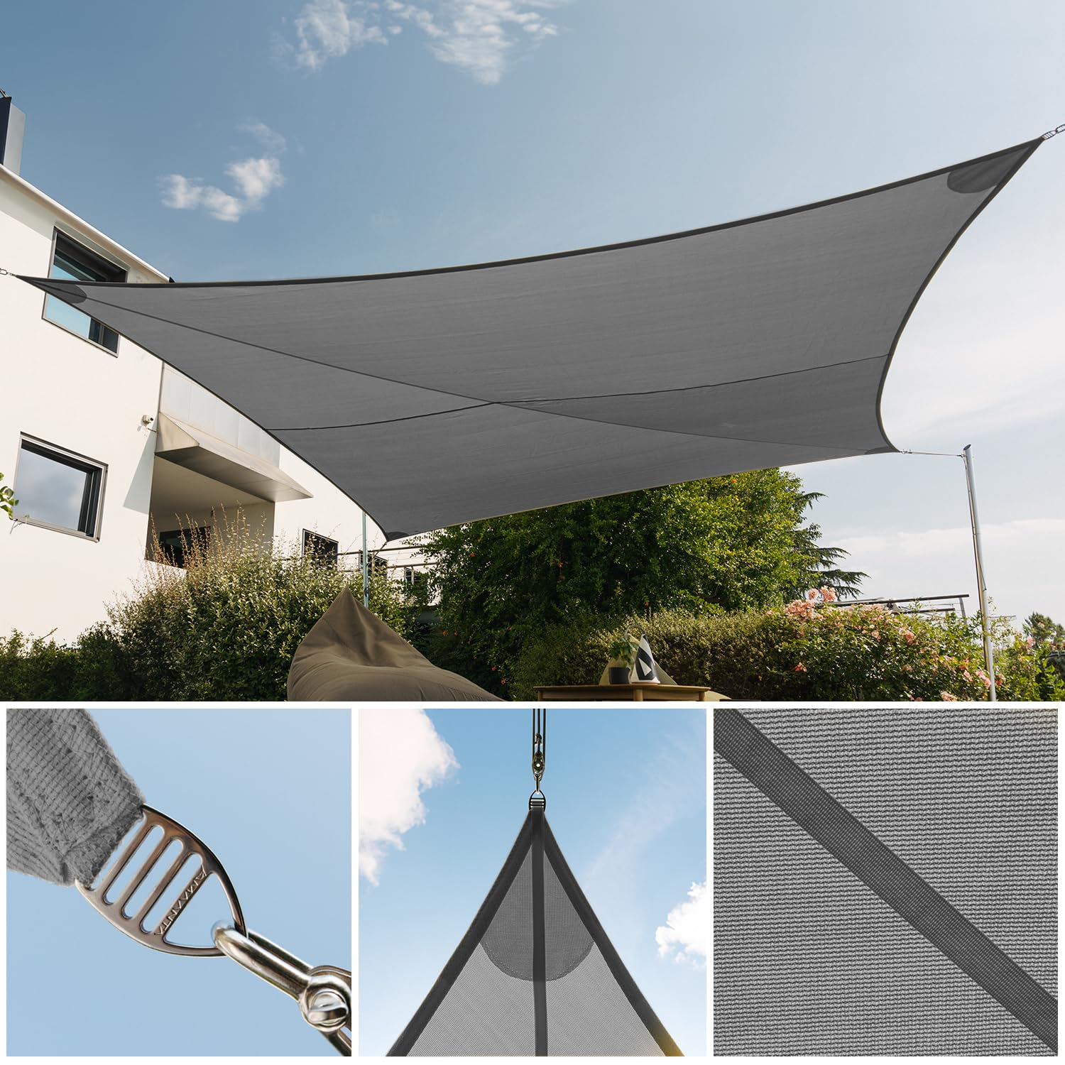 EZ Breez Sonnensegel atmungsaktiv - 5x5x5 m dreieckig - Cloud - UV-Schutz für Garten, Terrasse, Balkon und Pool