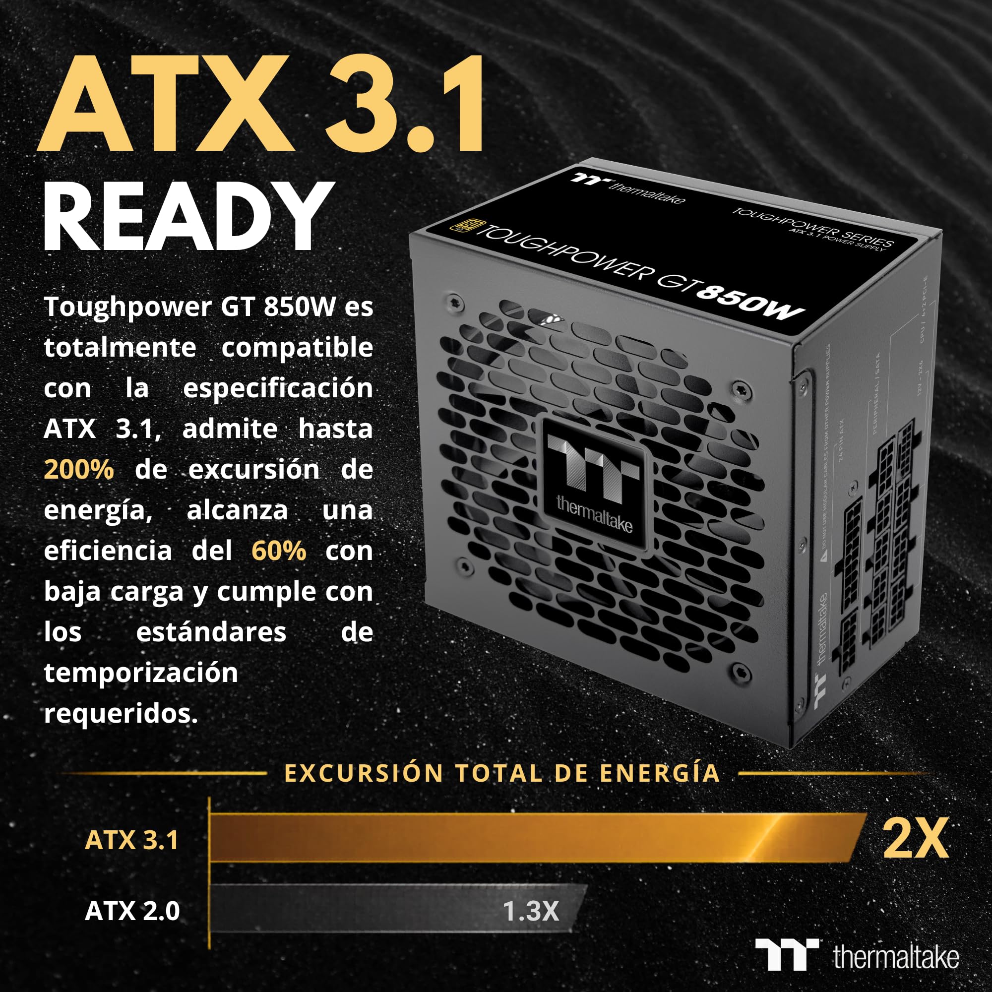 Thermaltake Toughpower GT 850W | Fuente de Alimentación Totalmente Modular ATX 3.1 | PCIe 5.1 12V-2x6 Nativo | 80 Plus Gold | Ventilador 120mm Silencioso | Smart Zero Fan | 5 Años Garantía | Negro