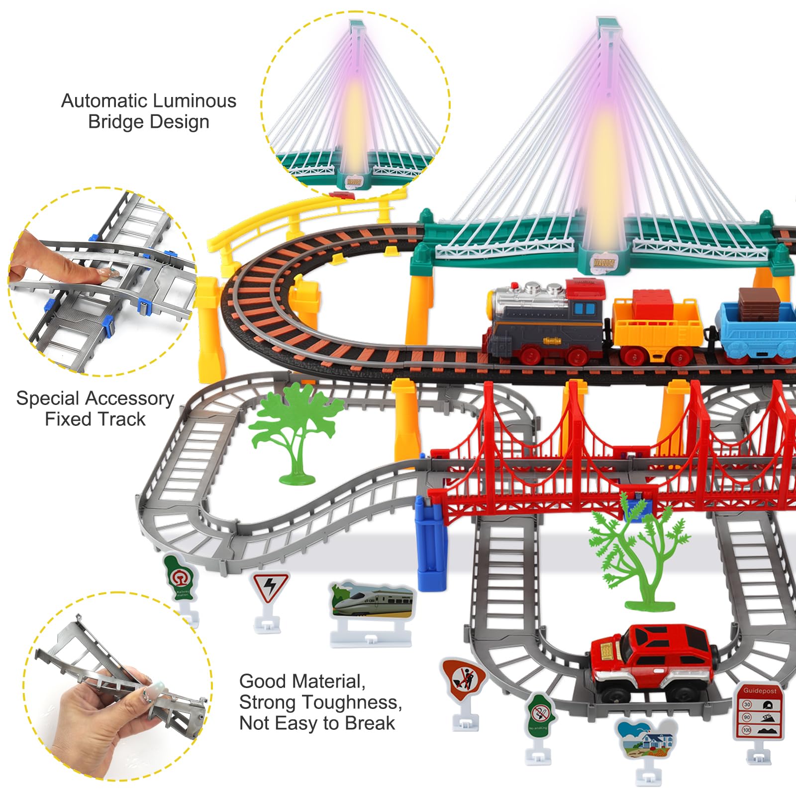Circuit Voiture,Circuit Train Electrique,141 Pièces Ensemble Train Enfant,Petit Electrique avec Voitur et Voies Ferrées,Sons et Lumières,Jouet de Cadeau Éducatif Garçons