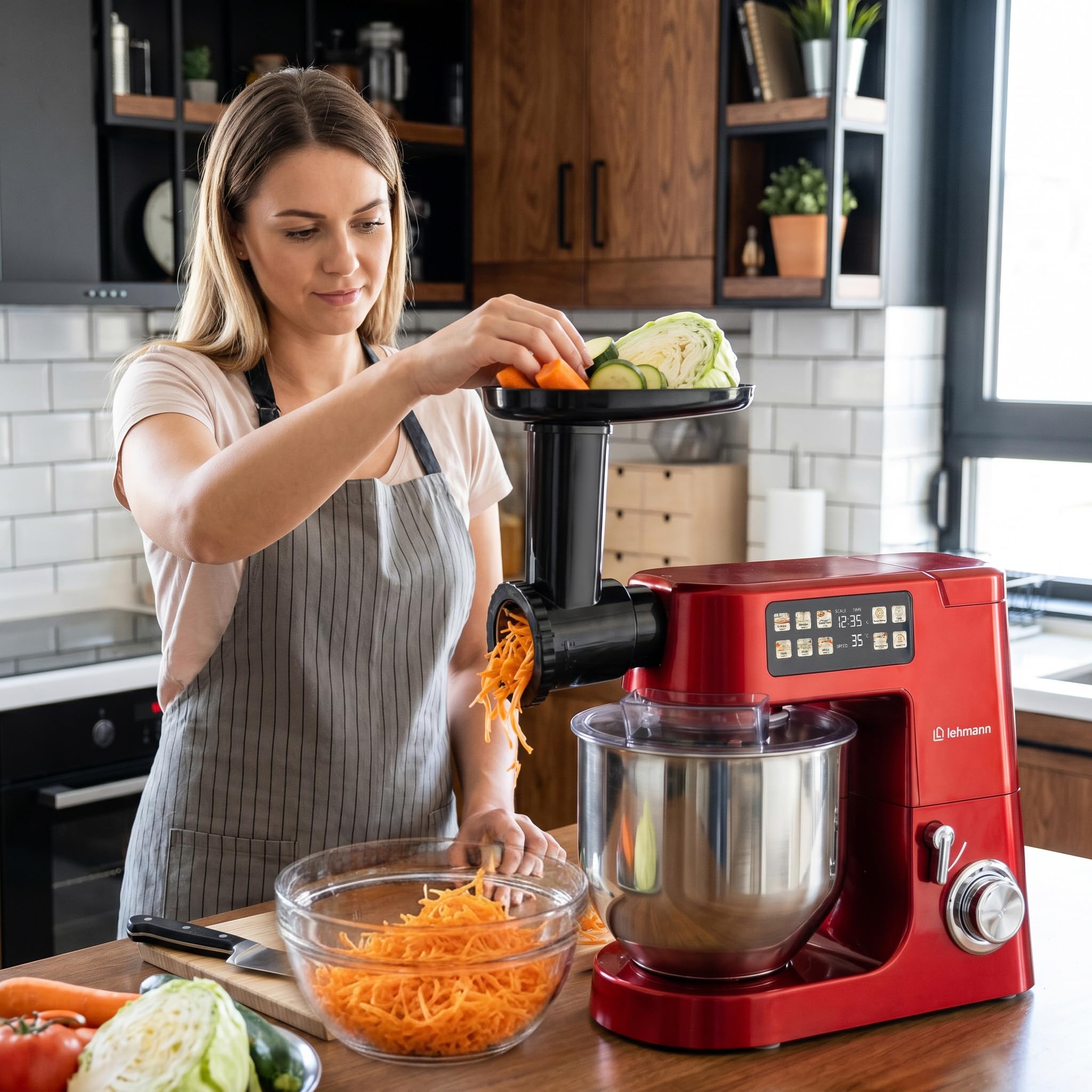 LEHMANN Teyles Impastatrice Planetaria Professionale 2100W 8L con Bilancia Integrata, Touchscreen e Ciotola Riscaldata, Blender 1,5L, Tritacarne, Planetaria per Pane e Pizza, Rosso