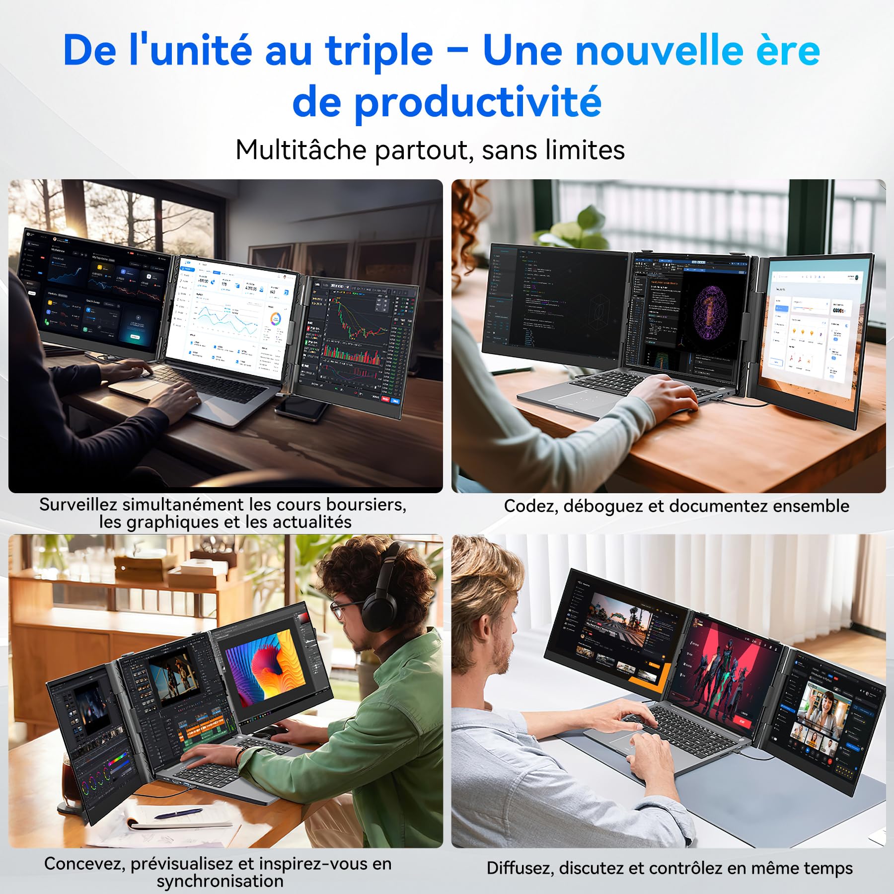 Blackview DCM6 Triple Ecran Pc Portable Ultra-Fin,14 "FHD 1080P IPS Moniteur pour Ordinateur Portable Certifié TÜV- Plug & Play sans Pilote,13"-17.3" Compatible avec Mac, Windows,Chrome, Switch,PS45