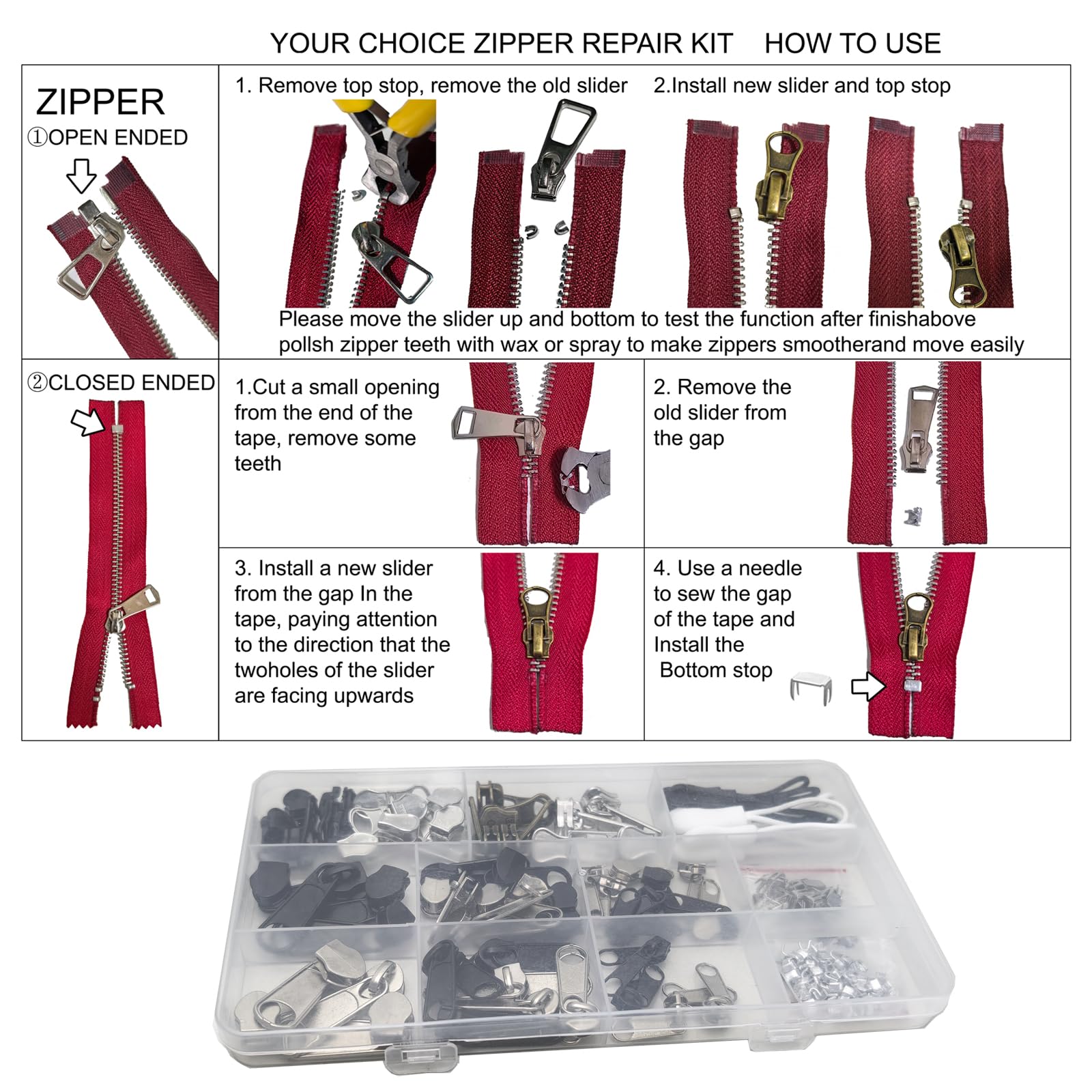 Amazon.com: 254 Pcs Zipper Repair Kit with Case Include Zipper