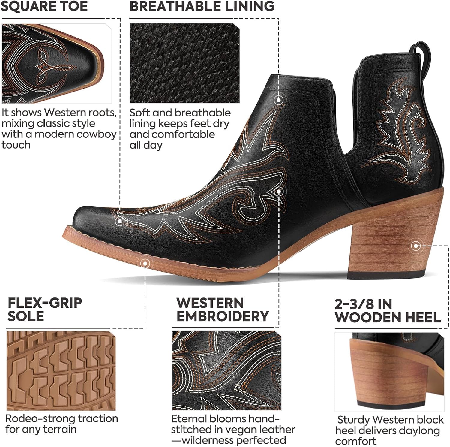 Rollda Cowboy Ankle Booties for Women, Cowgirl Short Boots with Chunky Stack Heels, V Cutout Ladies Western Booties for Cowboy Chic Style - Image 4