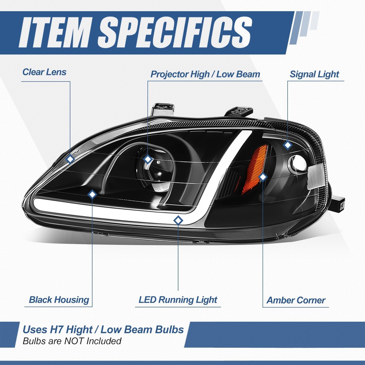 Auto Dynasty 3D LED DRL Projector Headlights Assembly Compatible with 1999-2000 Honda Civic, Driver and Passenger Side, Black Housing