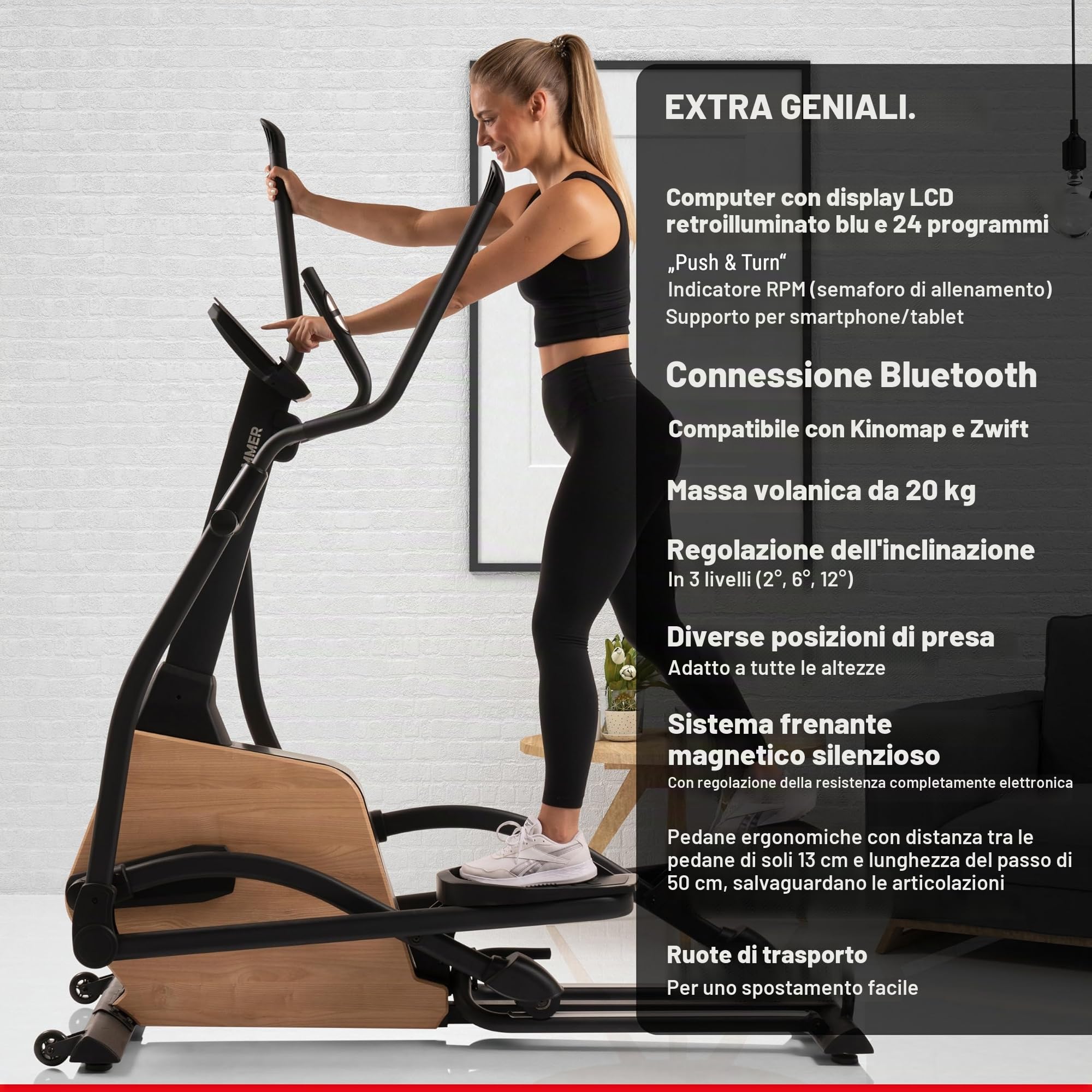 HAMMER Allenatore ellittico CrossPace 5.0 NorsK, pendenza 3x, 24 programmi, 20 kg di volano, Kinomap & Zwift