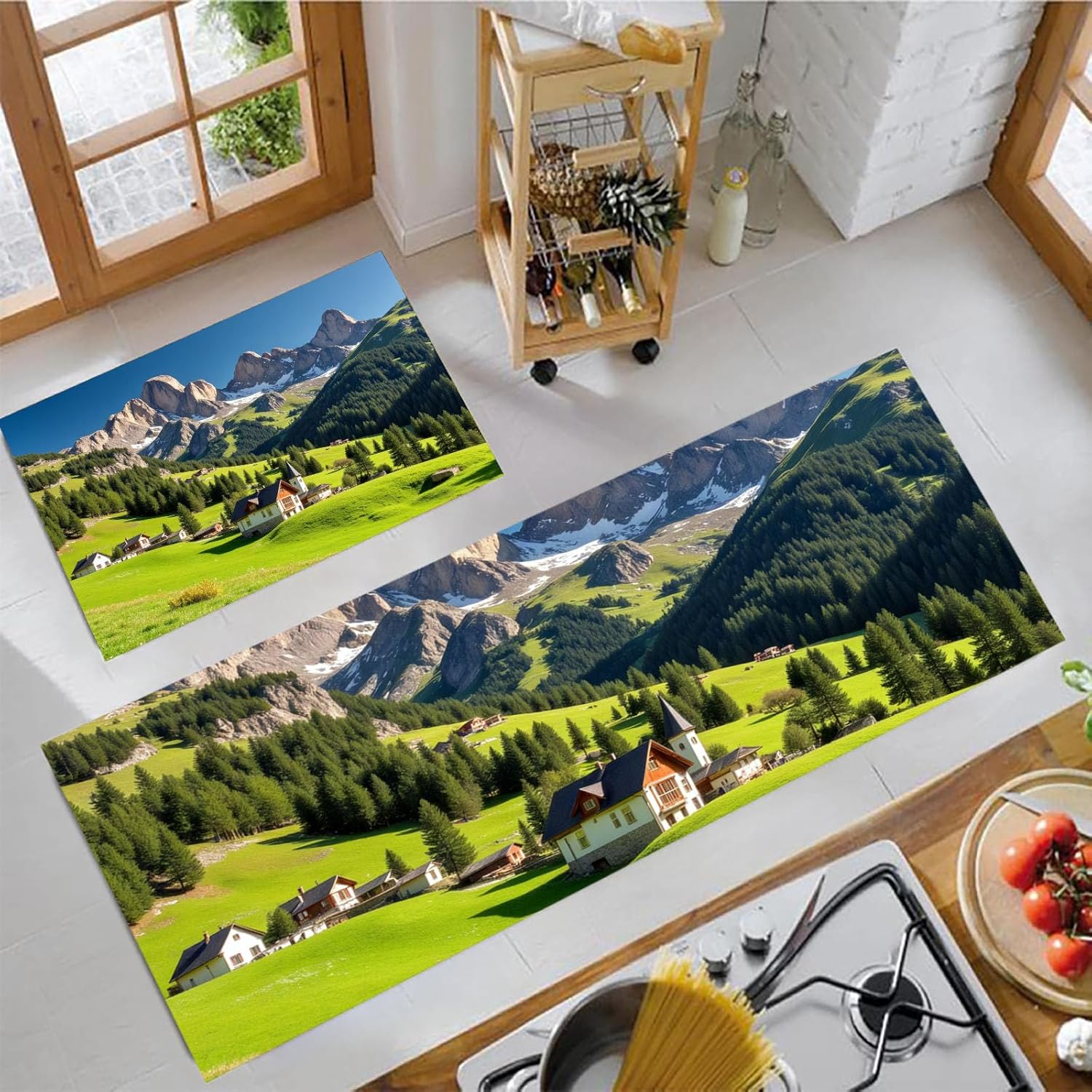 Grasslands and Mountains Carpet Runners for Kitchen Non-Slip Natural Landscape Kitchen Rug Runner Washable Short Pile Floor Mat for Entryway Bedroom Laundry Room, Emerald Green, 17″X29″+17″X59″