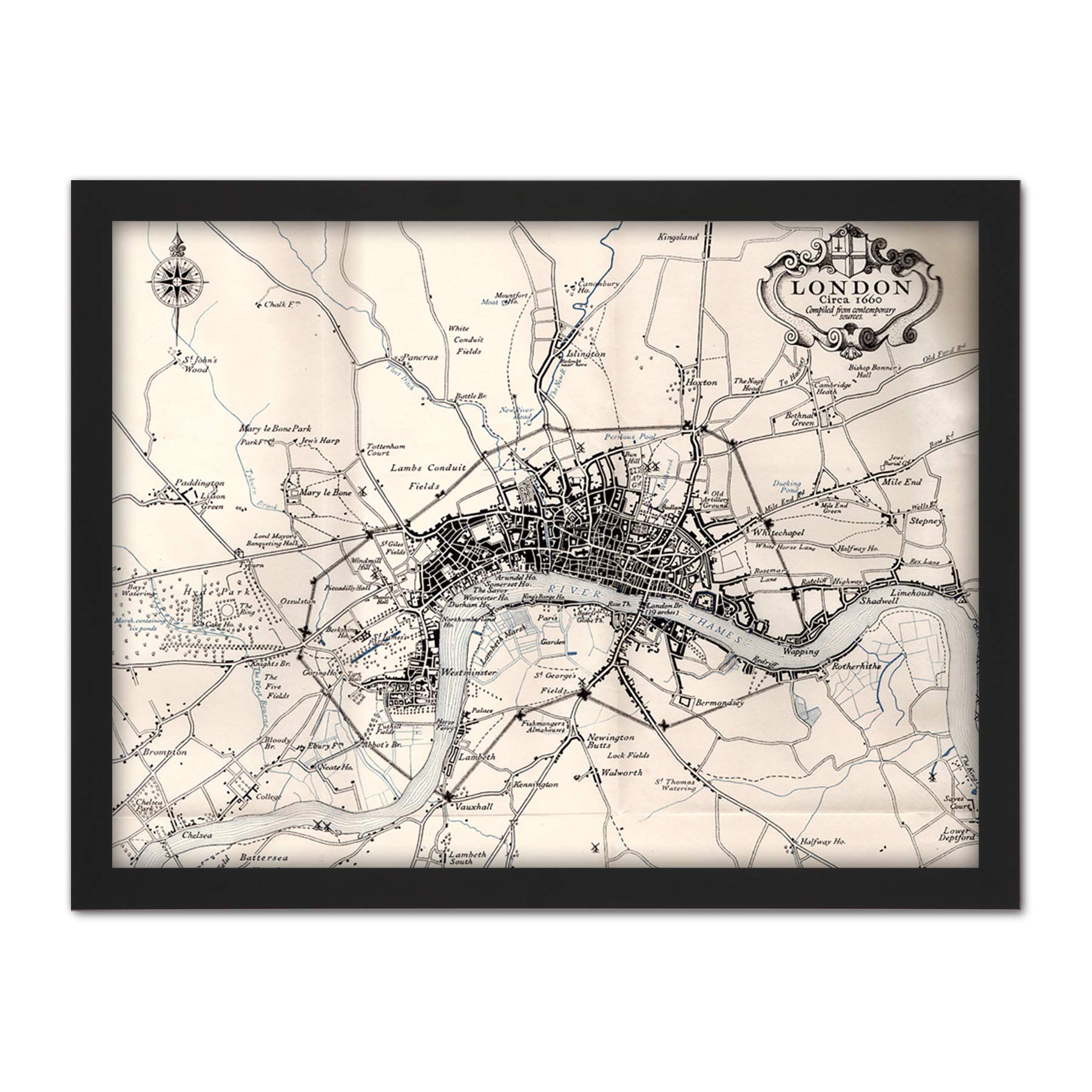 Artery8 Map Crown 1930 London City England 1660 Plan Chart Artwork Framed Wall Art Print 18X24 Inch
