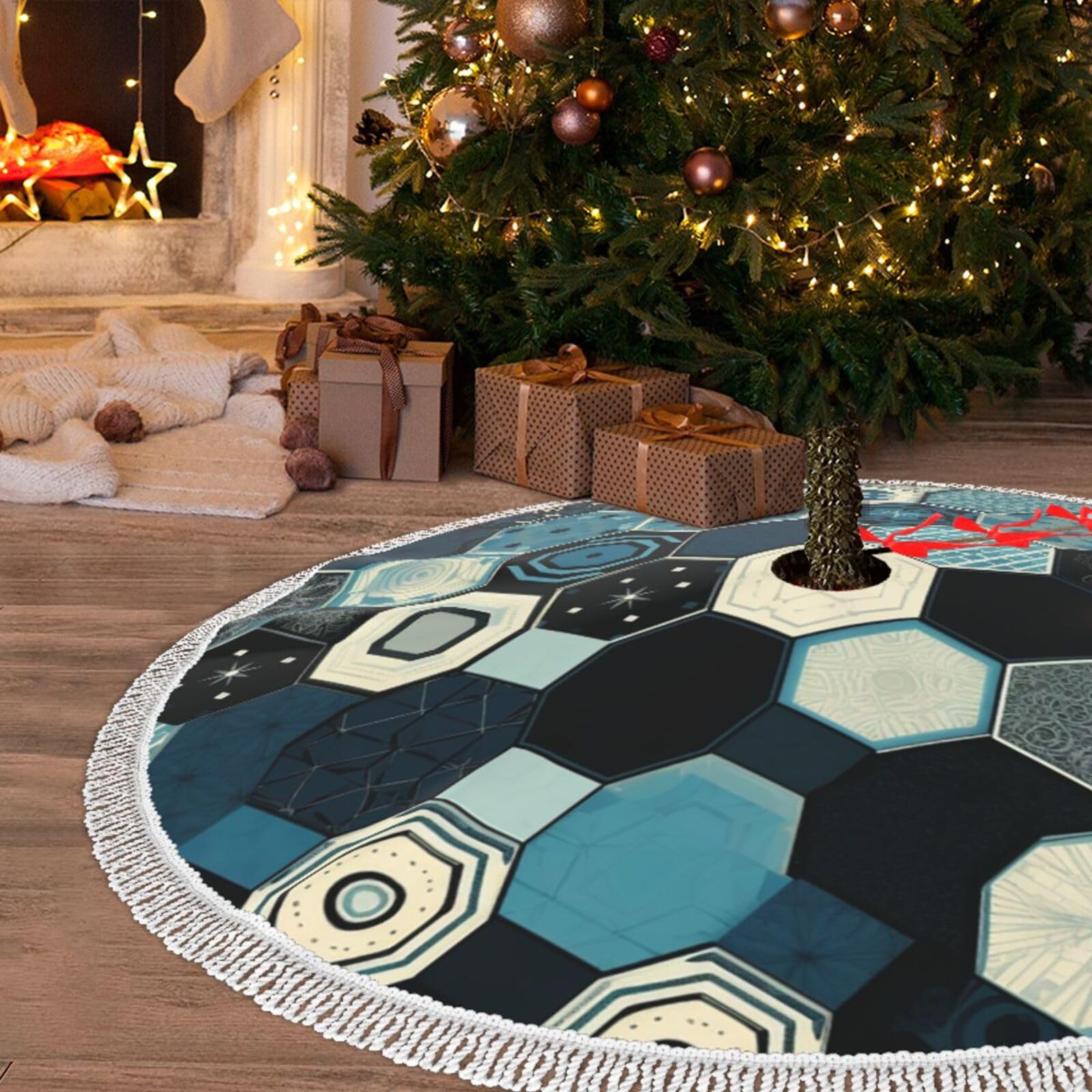 Jupe de sapin en peluche 122 cm avec pompons et motifs bleus élégants