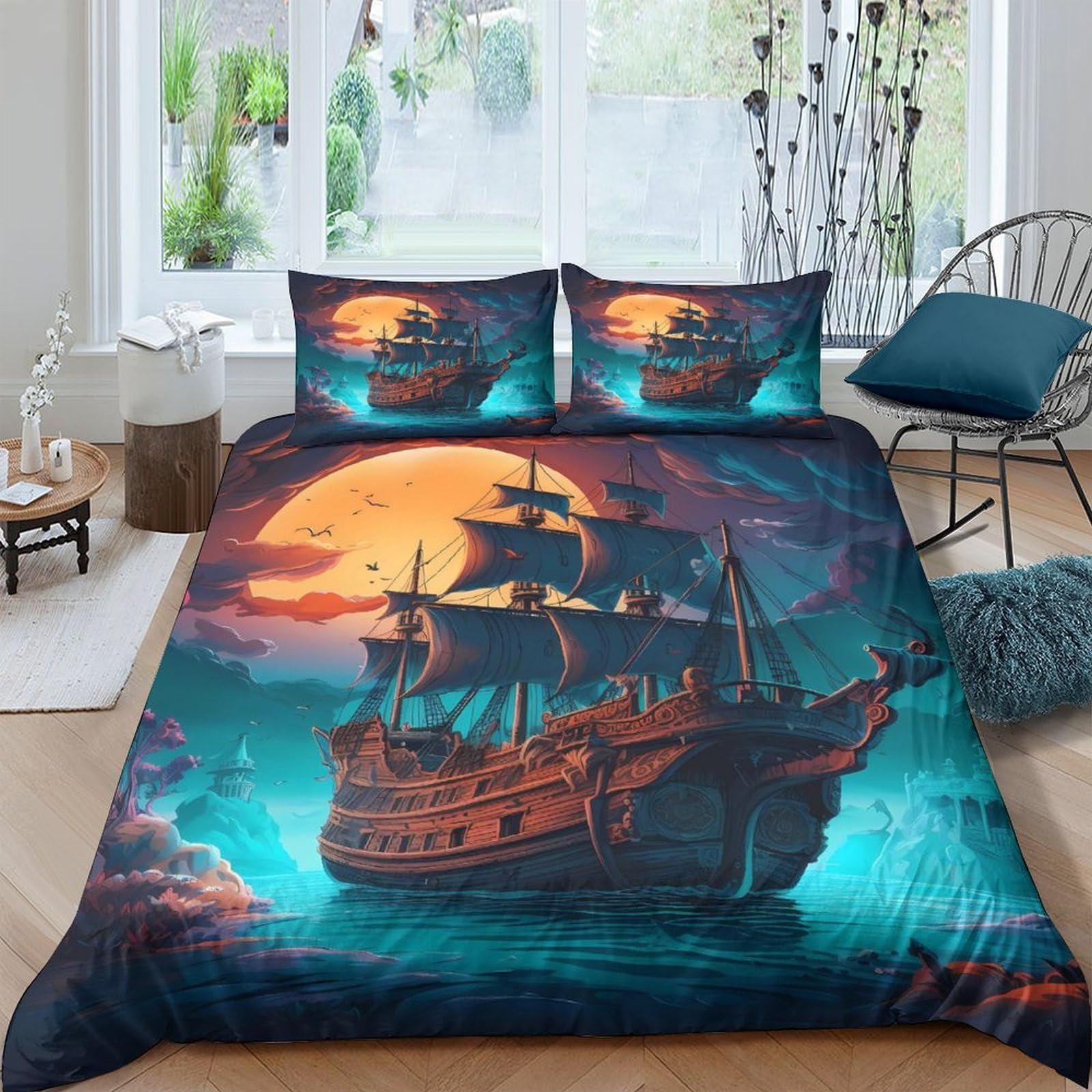 Ctjqhvkz Style-8 3D Printed Pirate Ship Sunset Fitted Sheet Microfiber Soft Anti-Slip Ocean Night Mattress Cover For Bedroom Decor Single（135X200cm）