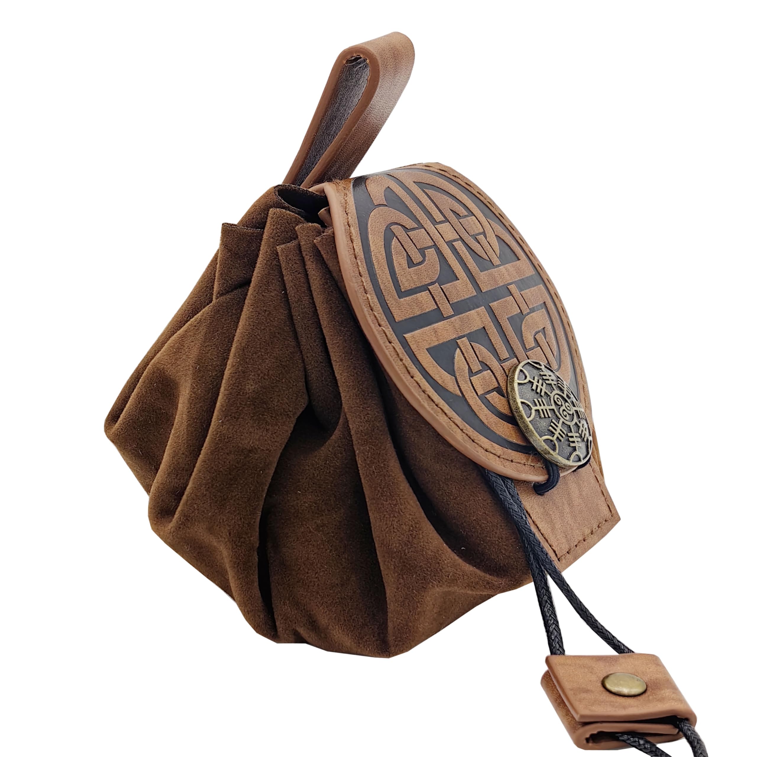 Medieval Viking Faux Leather Pouch Drawstring Nordic Renaissance Coin Purse Dice Bag for Unisex Costume Accessories (Celtic knot Brown A)