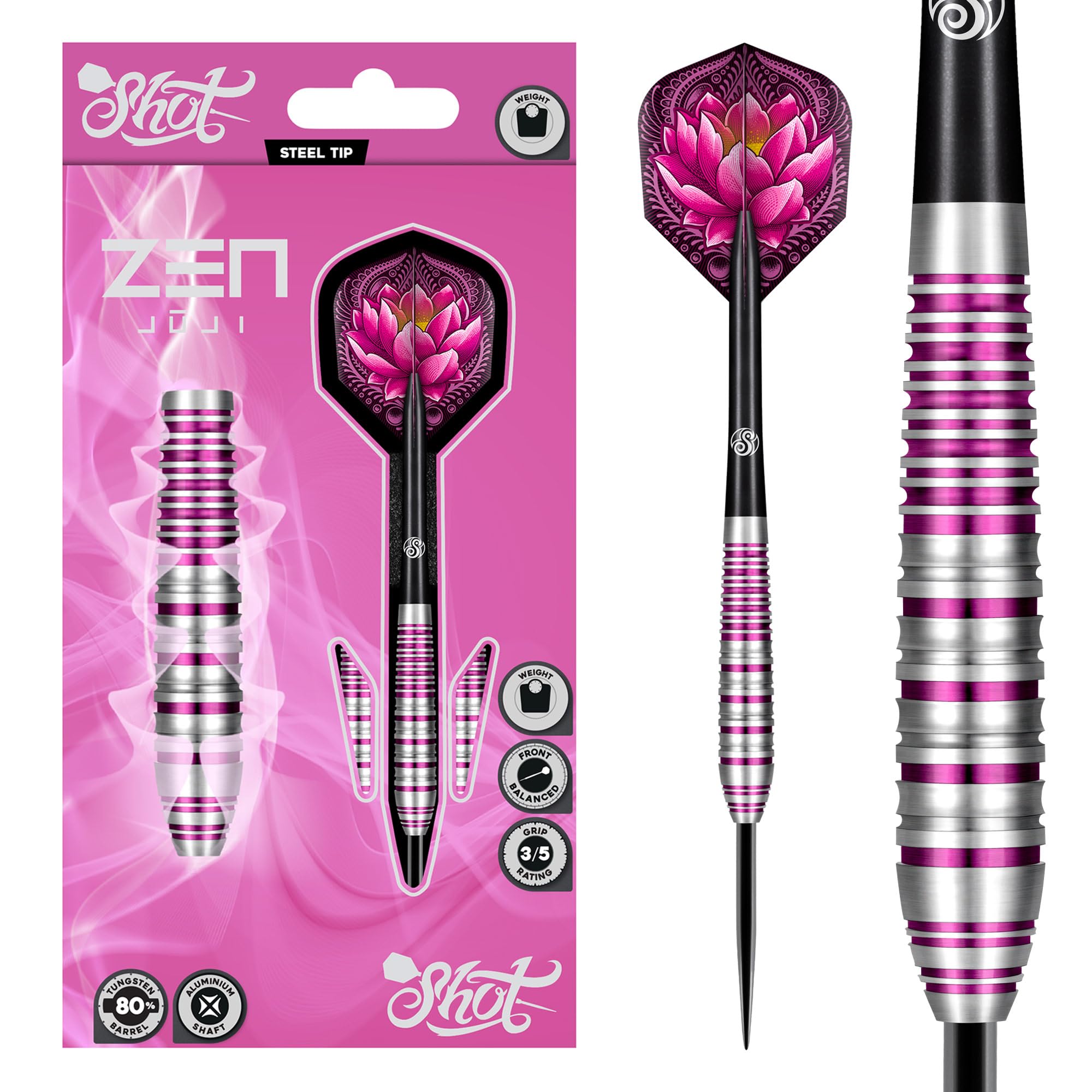 Shot! Zen Juji Steel Tip Dart Set 80% Tungsten Pro Throwing Darts Steel Tip Set Professional โ Made in New Zealand โ Designed Dart Flights for Women & Men โ Metal Tip Bar Darts for Adults (28 Grams)