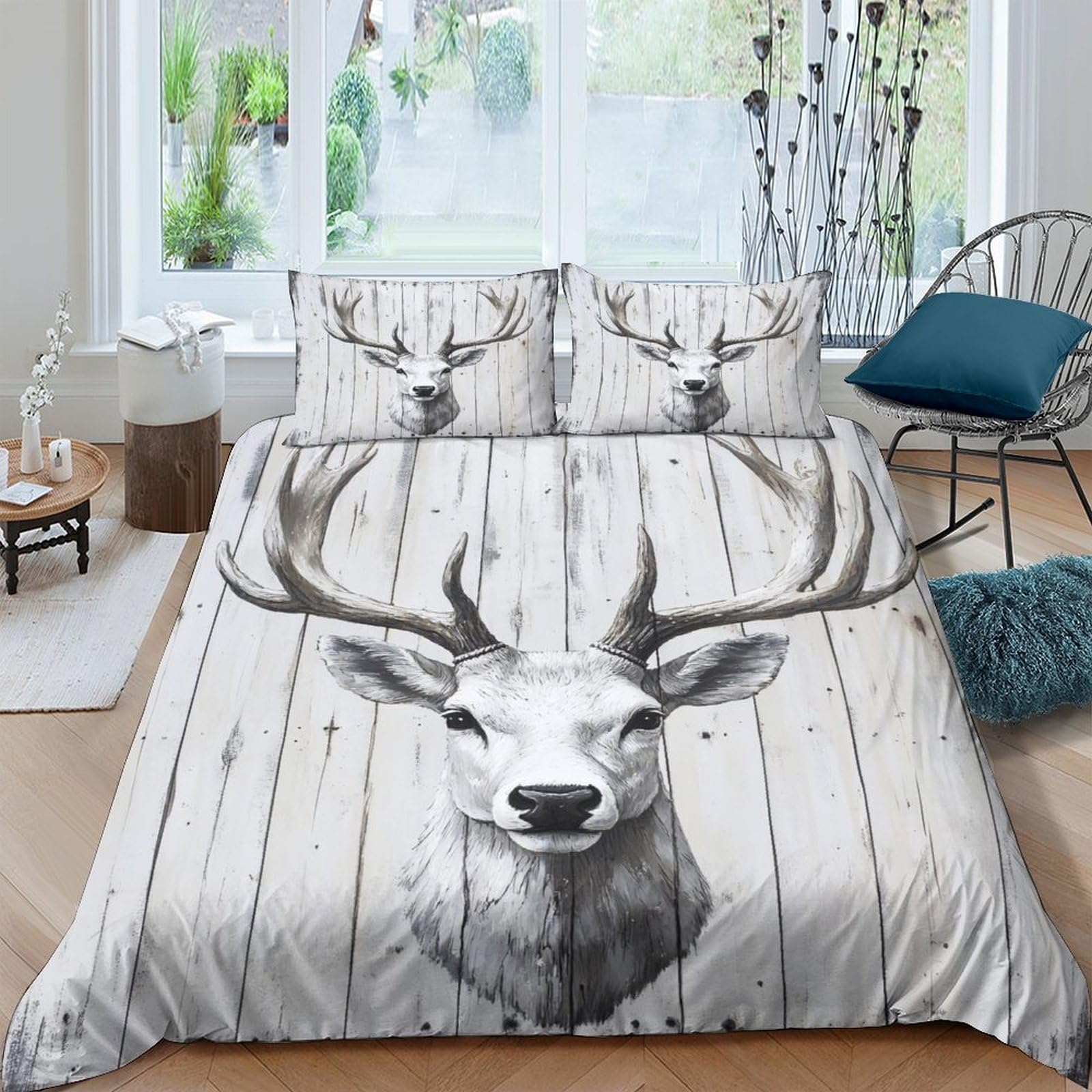 GPLZQXKJNH 3D Printed Deer Antler Duvet Cover Set Microfiber Soft Breathable Wood Grain Bedding Set with 2 Pillowcases for Bedroom Single（135x200cm）