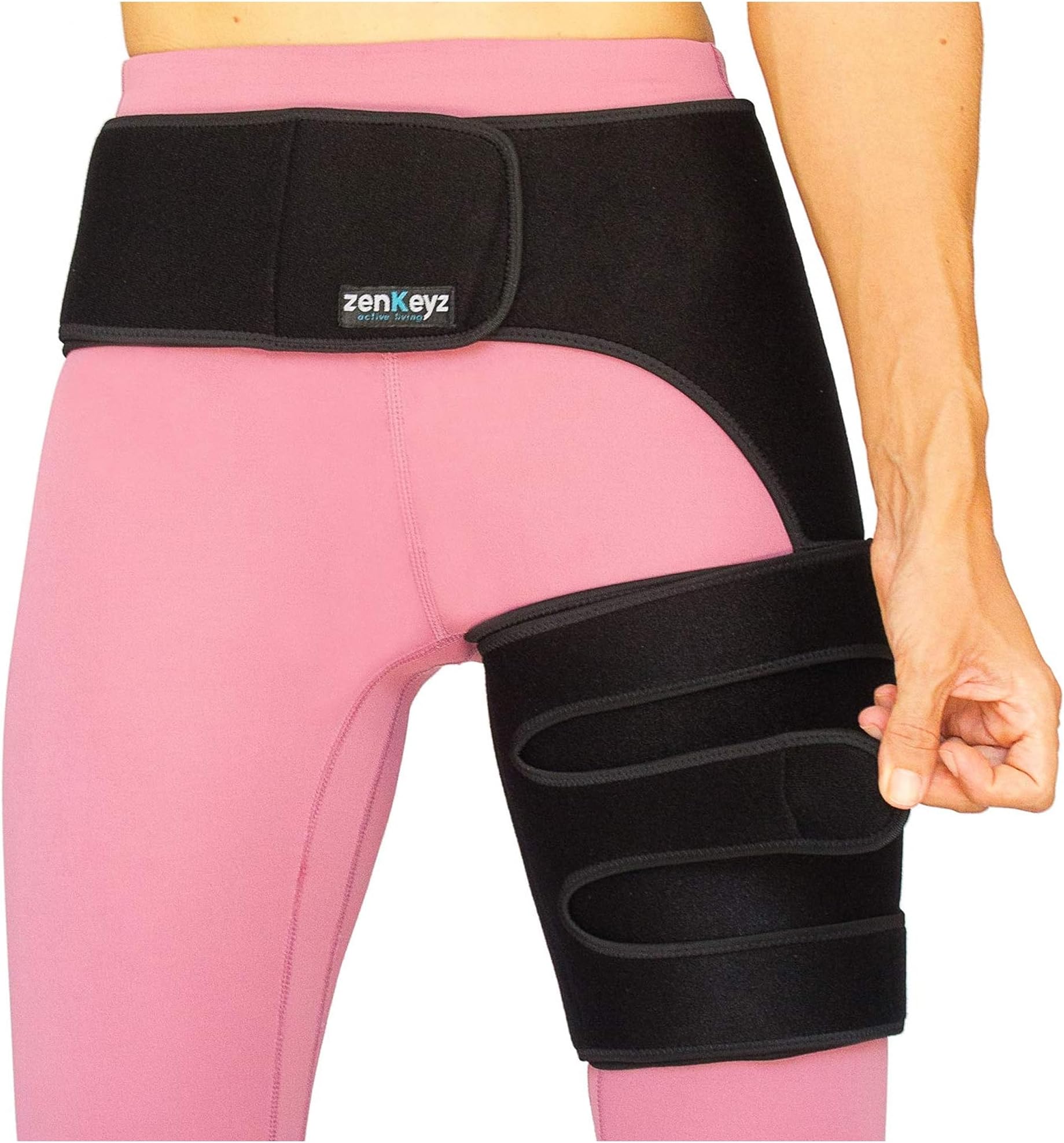 - ZENKEYZ Hip Brace for Men and Women - Copper-Infused Neoprene Support - Adjustable Three-Strap Stability Wrap for Physical Recovery - Sacroiliac and Thigh Compression Sleeve - Left Leg, One Size
