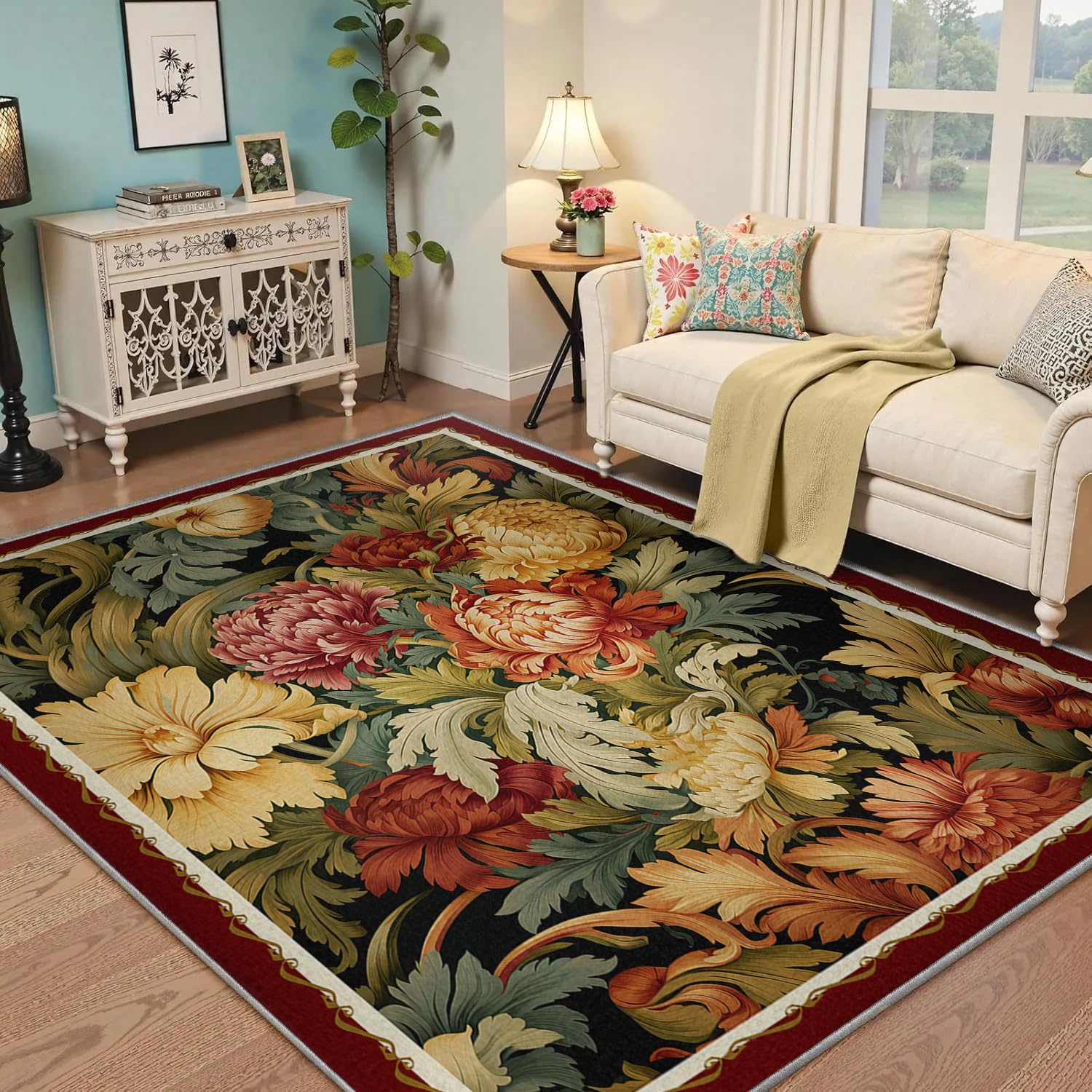 Tapis de salle à manger victorien fleurs pivoines tapis fin pliant lavable 120x150cm