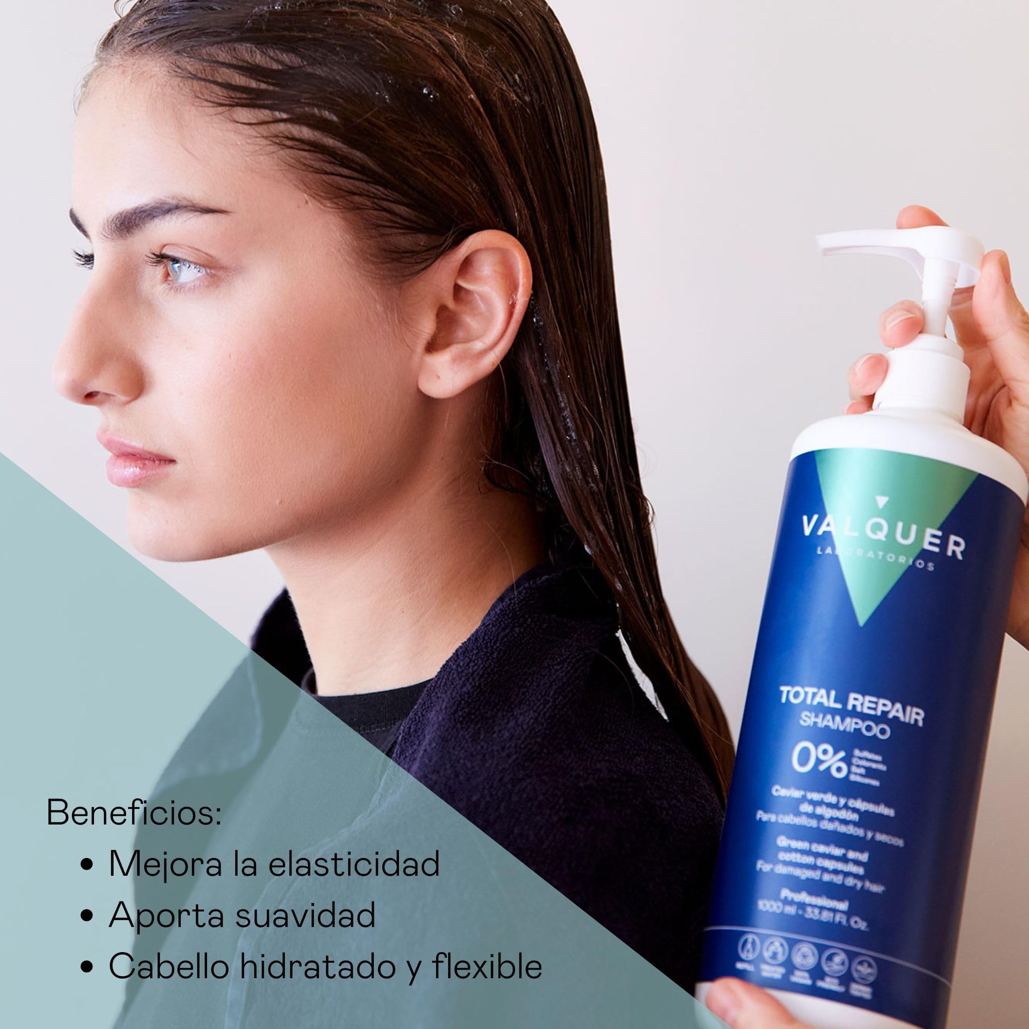 Valquer Champú Total Repair Zero. Repara, Suaviza e Hidrata el Cabello Dañado y Seco. Hidratación Intensa y Nutritiva. Con Caviar Verde, Panthenol, Vitamina E y Cápsulas de Algodón. Vegano. 1 L.