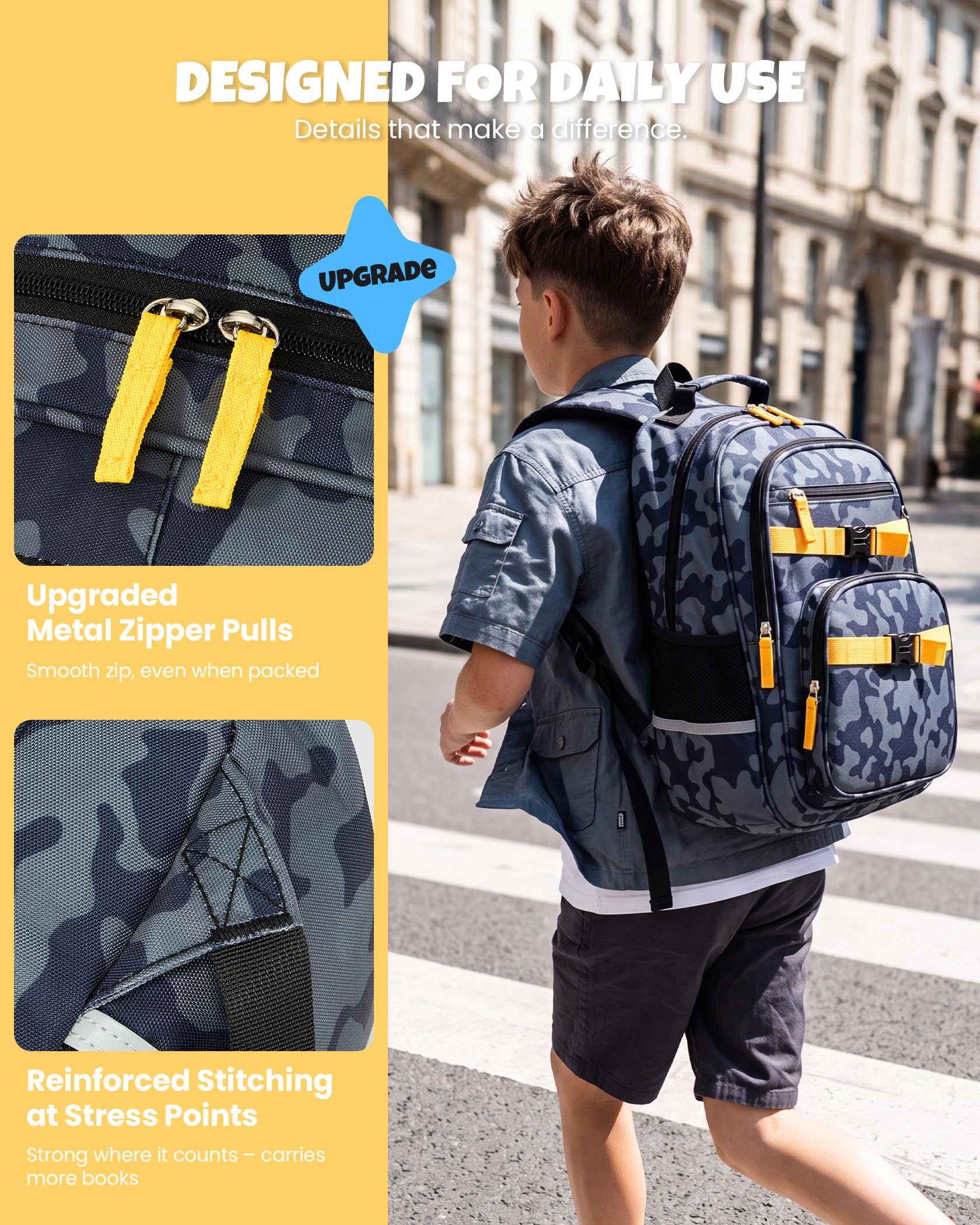 Amythe Set 3 pièces Cartable Garçon CP-CM2 Réfléchissant | Sac à dos Enfant Ergonomique Léger 20L Primaire Imperméable Camo Vert