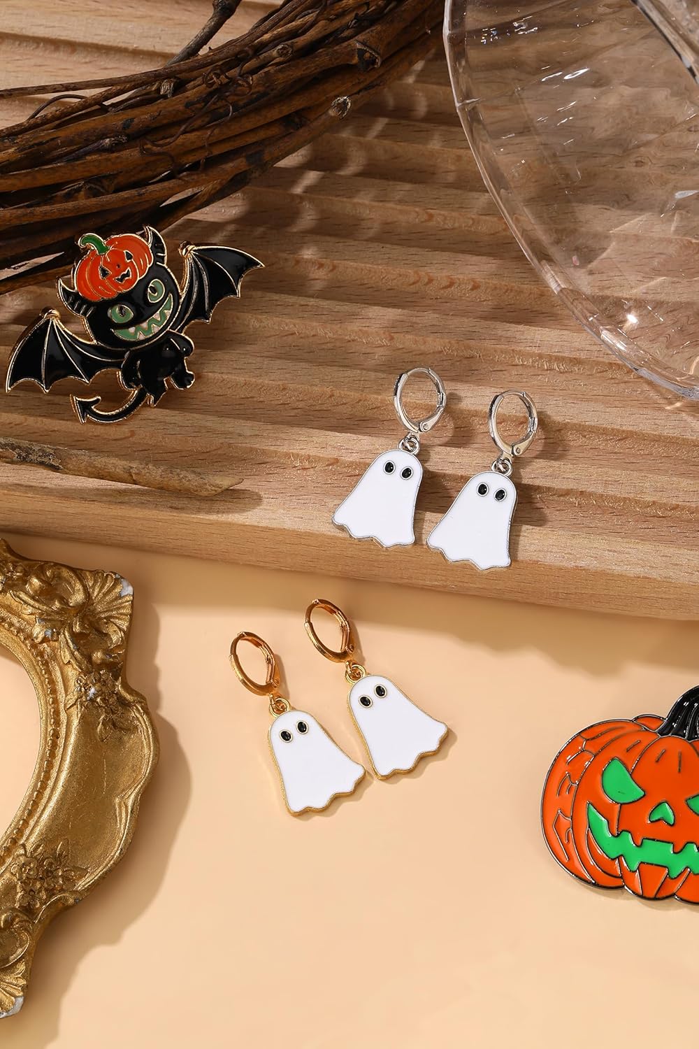 2 Pairs of Halloween Ghost Hoop Earrings for Women Gold and Silver Huggie Drop Earrings Cute Funny Holiday Earrings - Image 4