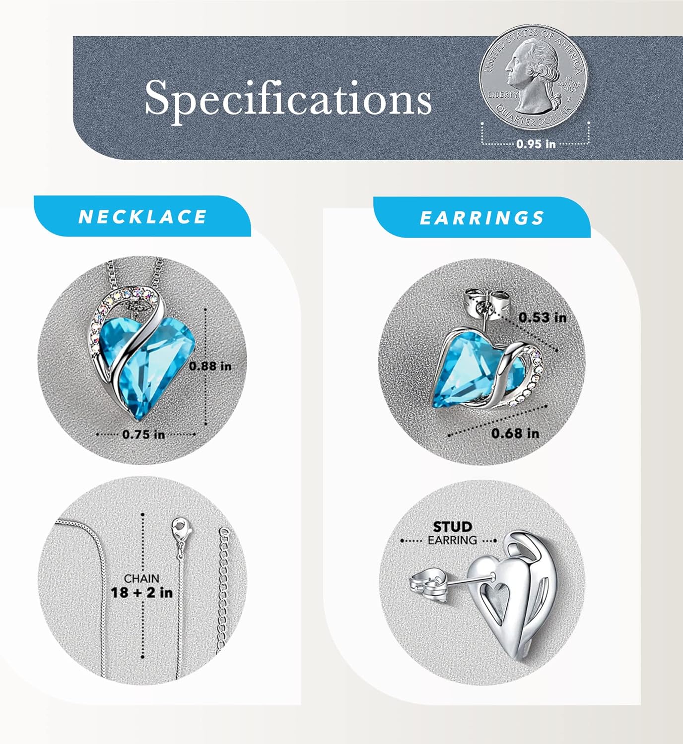Leafael Infinity Love Heart Necklace and Stud Earrings for Women, December Birthstone Crystal Jewelry, Silver Tone Bundle Gifts for Women, Turquoise Aquamarine Blue