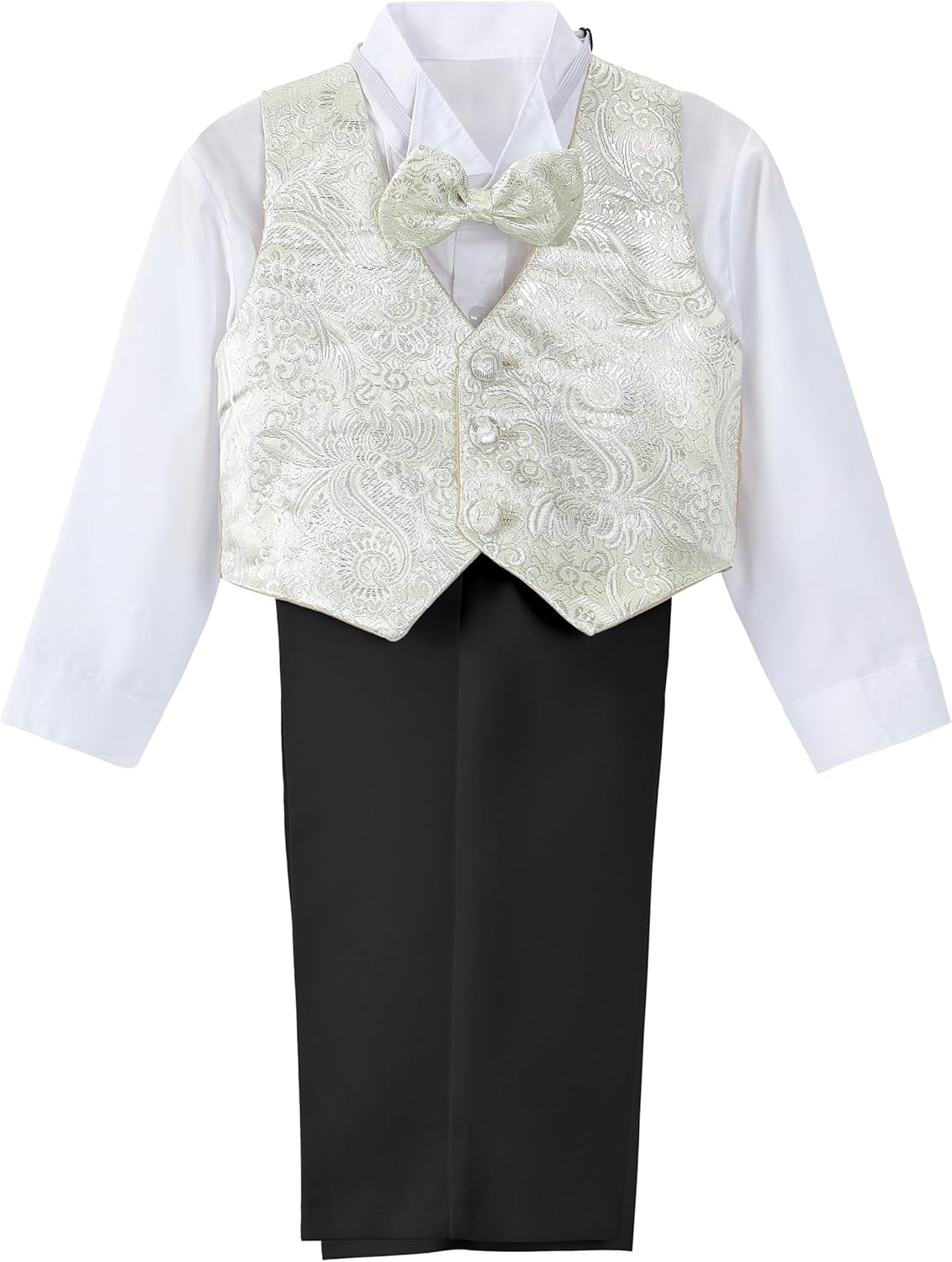 Dressy Daisy Baby Boy Classic Tuxedo Suit 5 Pcs Set Formal Dress Wear Wedding Outfit with Gold Jacquard Vest, Black/White - Image 3