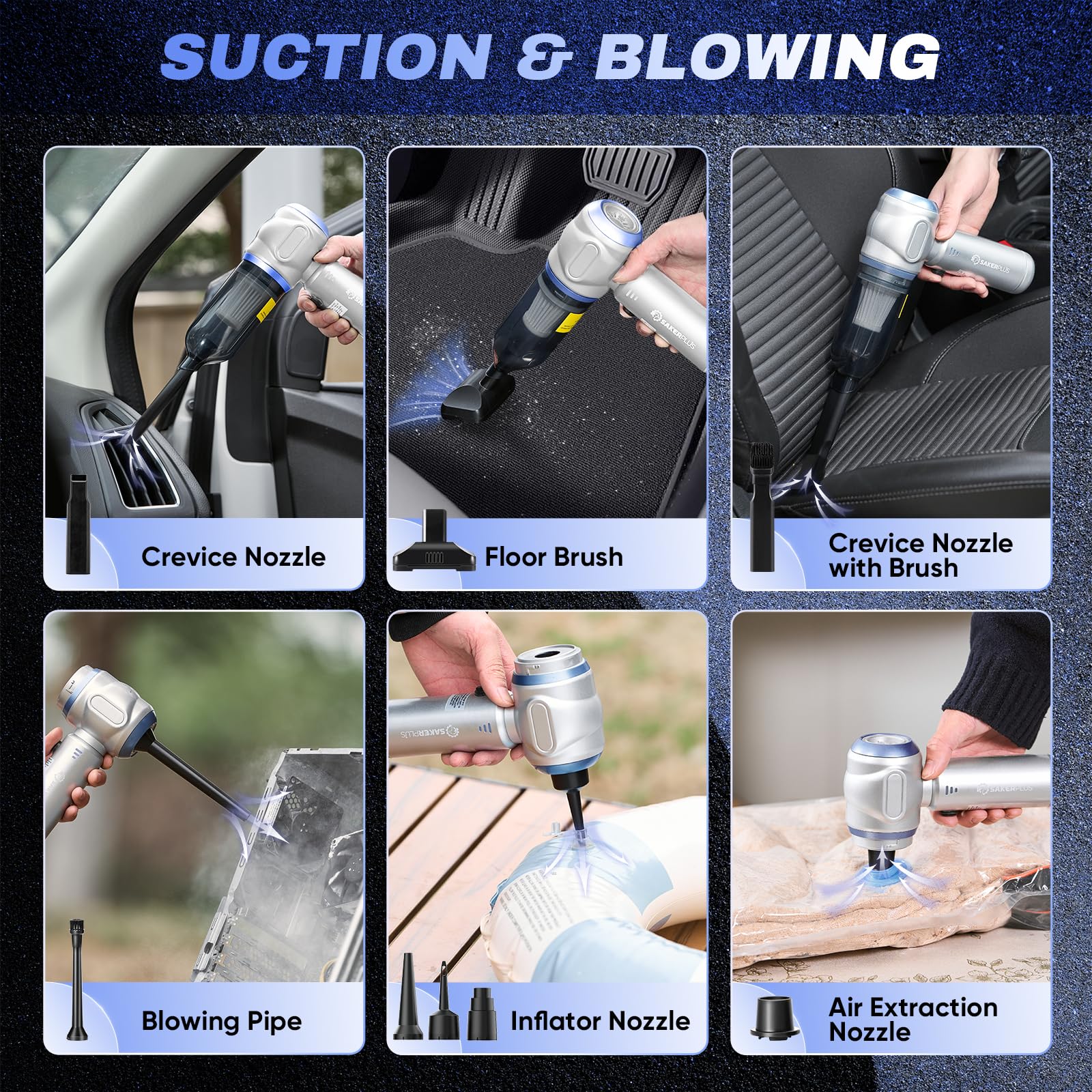 SakerPlus Aspiradora portátil inalámbrica 3 en 1 de mano mini aspiradora de mano 17500PA aspiradora de mano de alta potencia, plumero de aire, soplado, inflado, desinflado, perfecto para coche