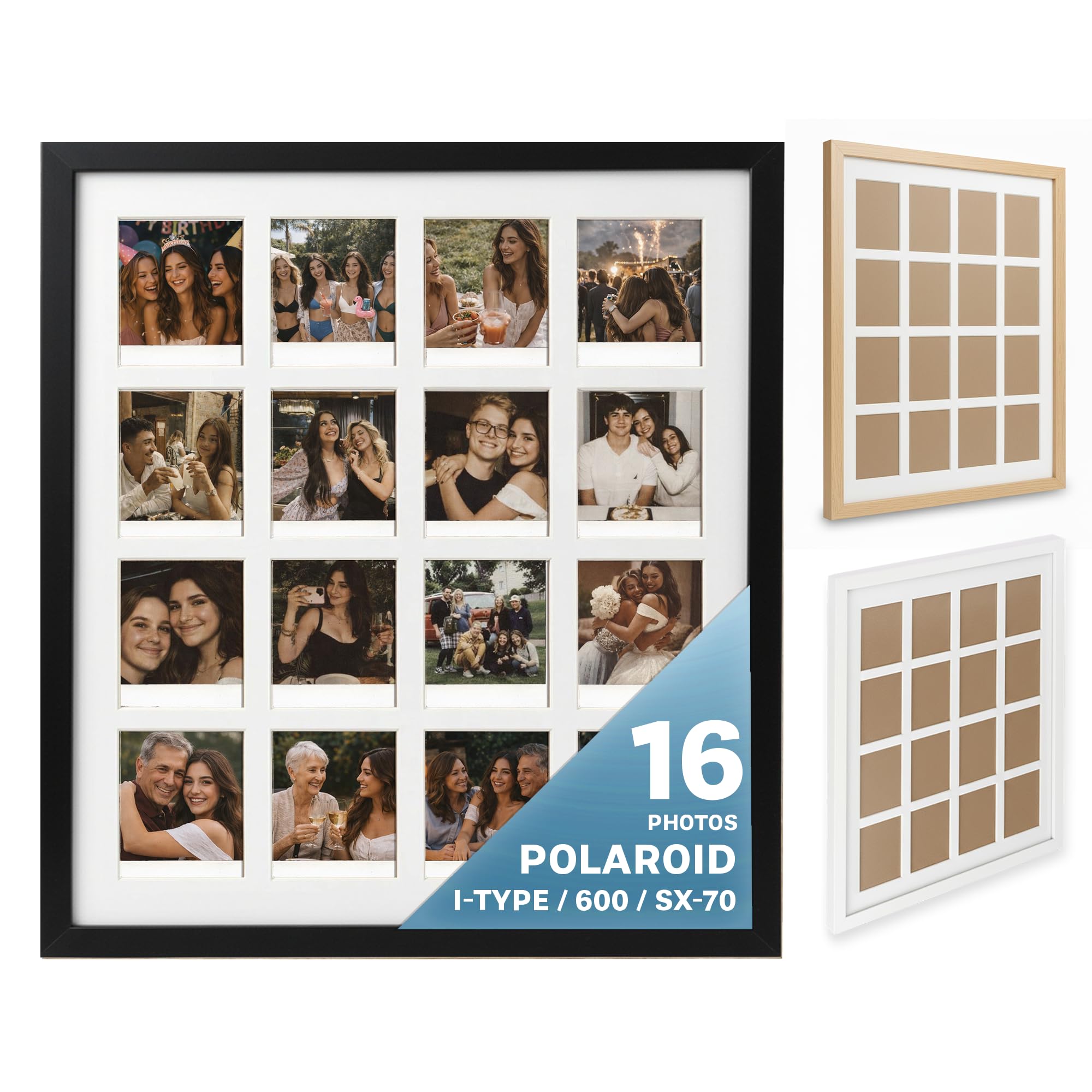 Tapeera Wood Multi Picture Frame Collage Wall Decor For Polaroid i-Type 600 Film -16 Openings Large Photo Collage Frame For Wall Mini Picture Wall Frame - Not Compatible with Fujifilm Instax Mini Film