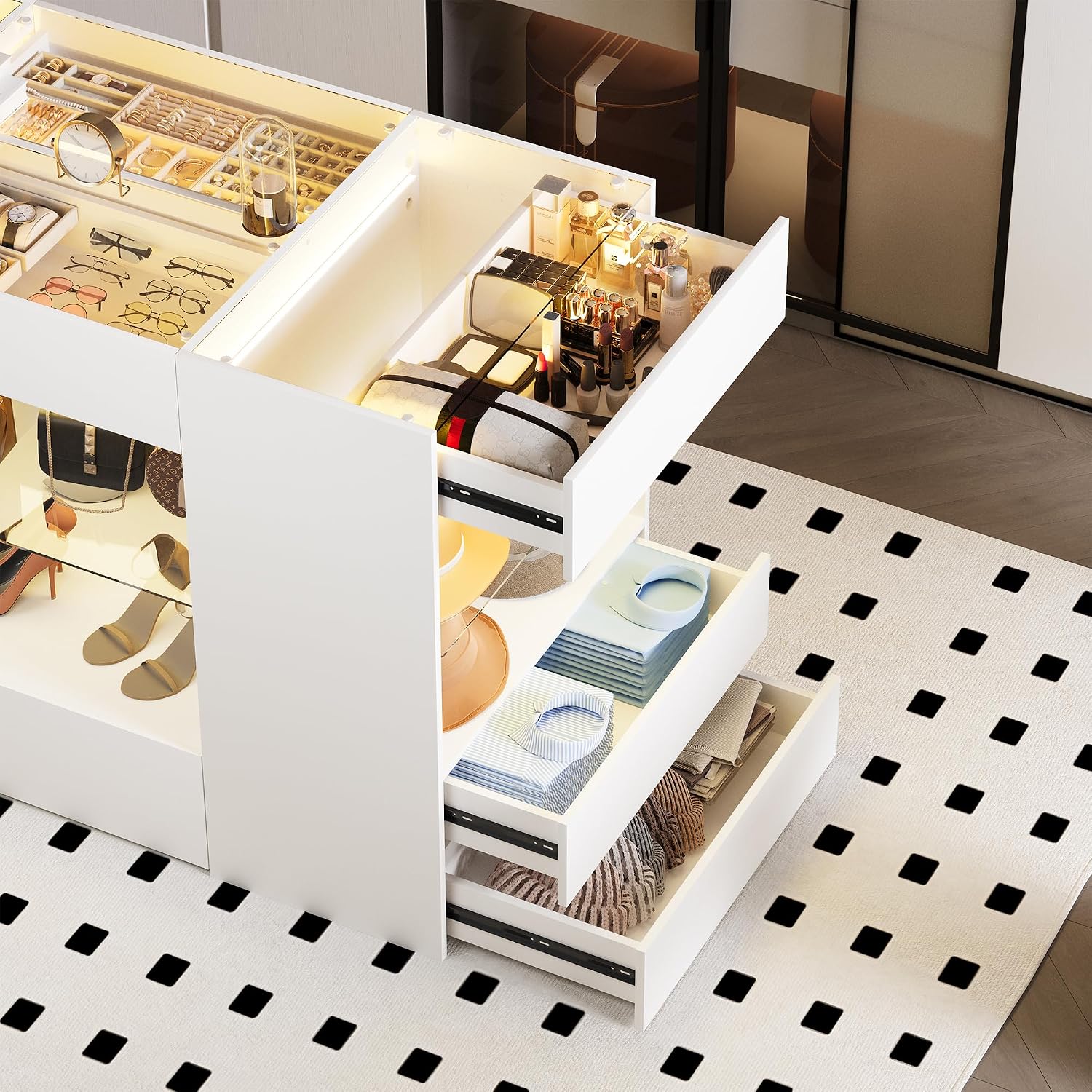 Kikihouse Modern Closet Island with 10 Drawers, LED Wardrobe Armoire Island with Glass Top, Luxury Walk-in Closet Island Storage Cabinet with Display Shelf for Cloakroom, Dressing Room (White)