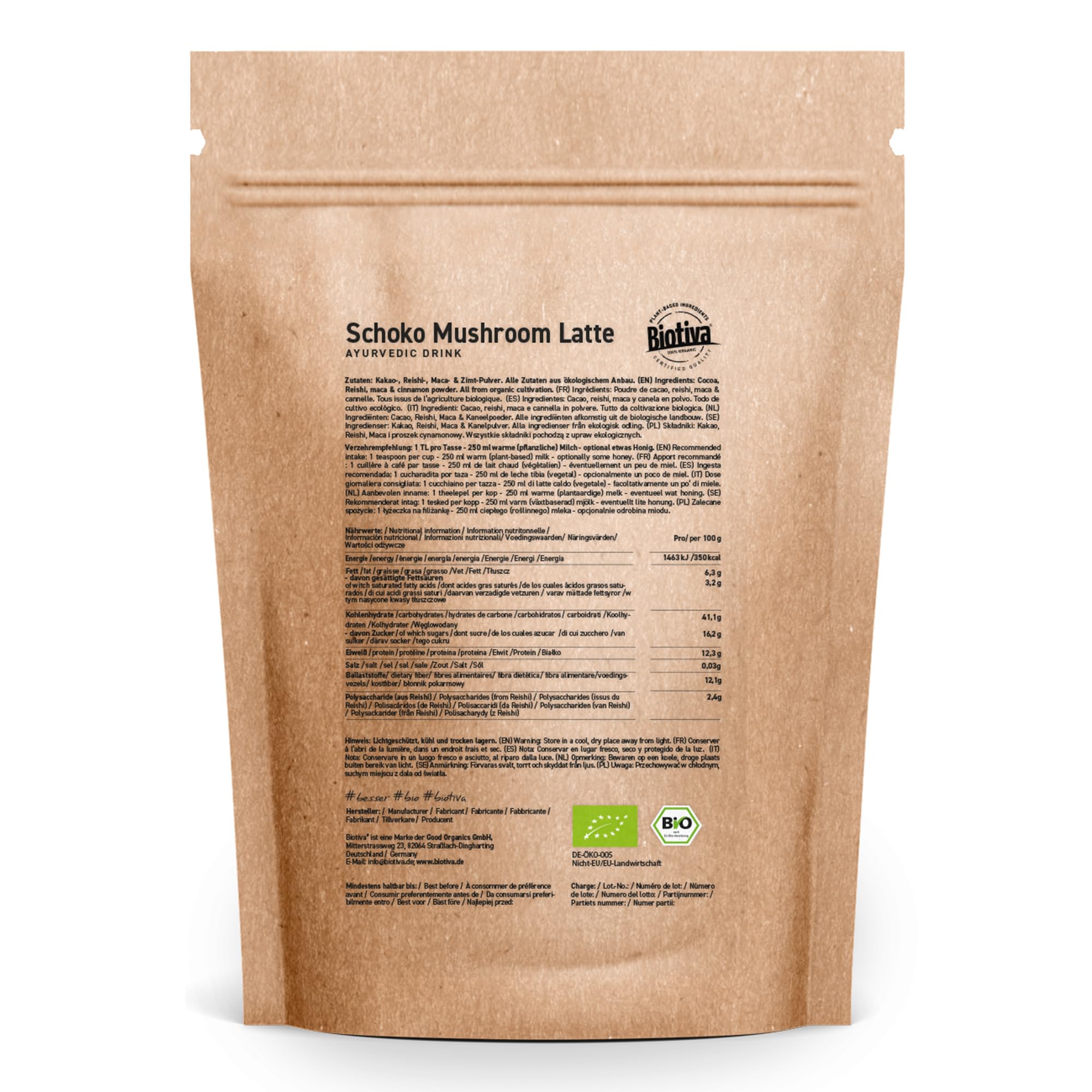 Biotiva Choco Mushroom Latte orgánico 100g - bebida con chocolate y hongos - embotellado y controlado en Alemania