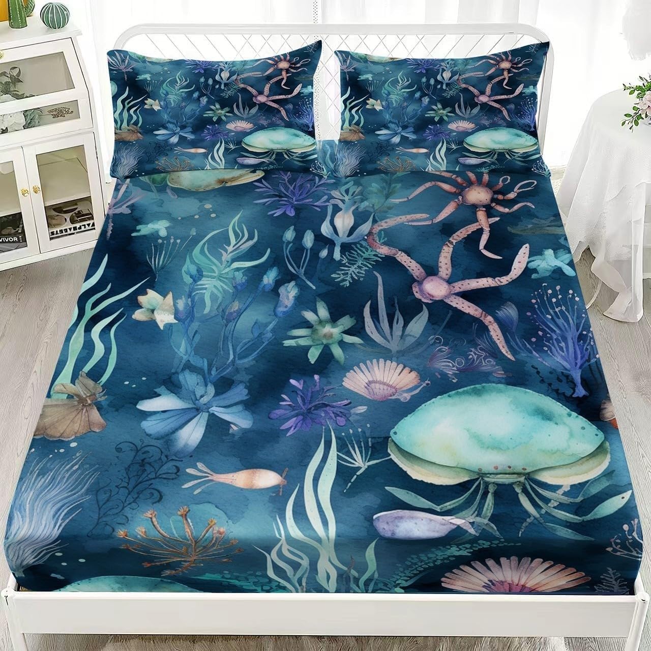 Seaweed Fitted Sheet Marine Animals Bed Sheets Deep Pocket 12 inch (30 cm) Soft Cozy 3 Piece Microfibre Bed Sheet 200x200 cm with 2 Pillowcases 50x75 cm
