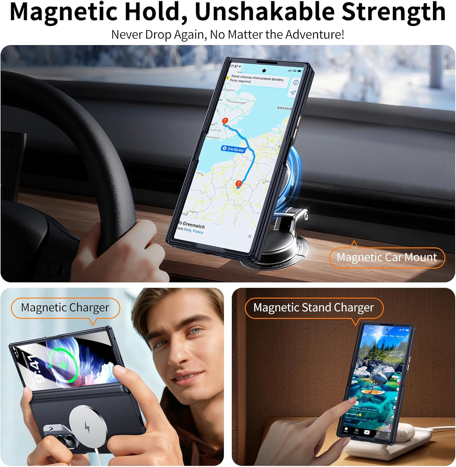 for Samsung Galaxy Z Fold 7 Case - Luxury Leather [Compatible with Magsafe] Full Body Hinge Protection Magnetic Slim Durable Shockproof Zflold 7 Case with Screen Protector,Black