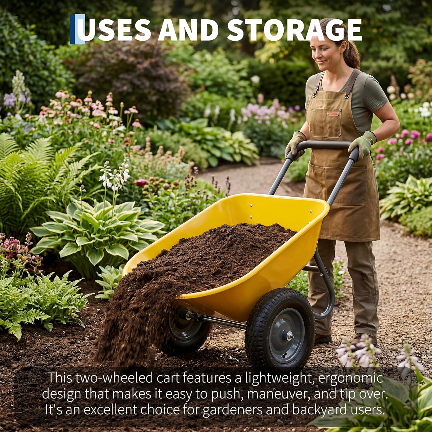 Wheelbarrow Garden Cart, Heavy Duty Home Utility, Dual-Wheel Home Garden Yard Utility Wheelbarrow Cart with Built-in Stand, (Yellow)