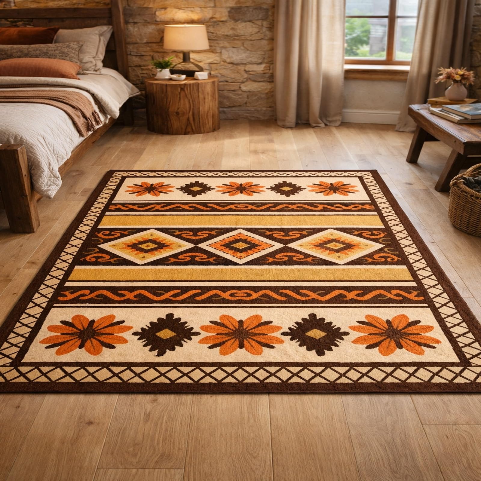Tapis de grand salon géométrique et floral, marron et orange, 200 x 250 cm