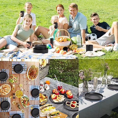 Miniatura 7 de Juego de platos y cuencos negros para 8, vajilla de paja de trigo, de plástico negro, reutilizable, apto para lavavajillas, para cocina, Halloween,