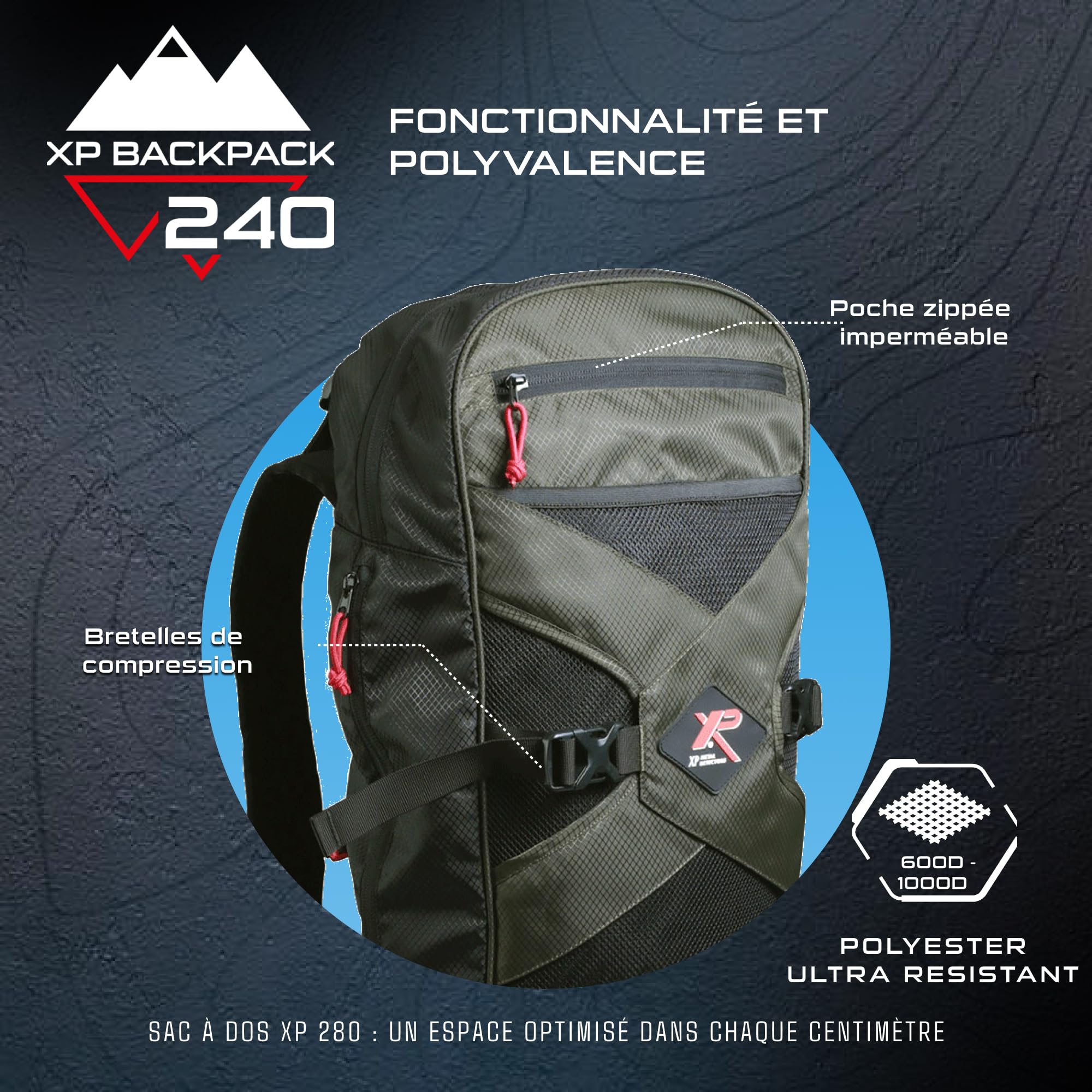 XP Metal Detectors Backpack240, Sac à Dos léger et Robuste conçu spécialement pour détecteur de métaux, Ergonomique et Pratique avec Plus de 8 Pochettes et Compartiments dédiées (XPBACKPACK240)