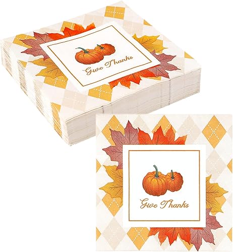 Servilletas de cena de Acción de Gracias, paquete de 50 unidades, servilletas desechables de 3 capas de Acción de Gracias de 6.5 x 6.5 pulgadas,