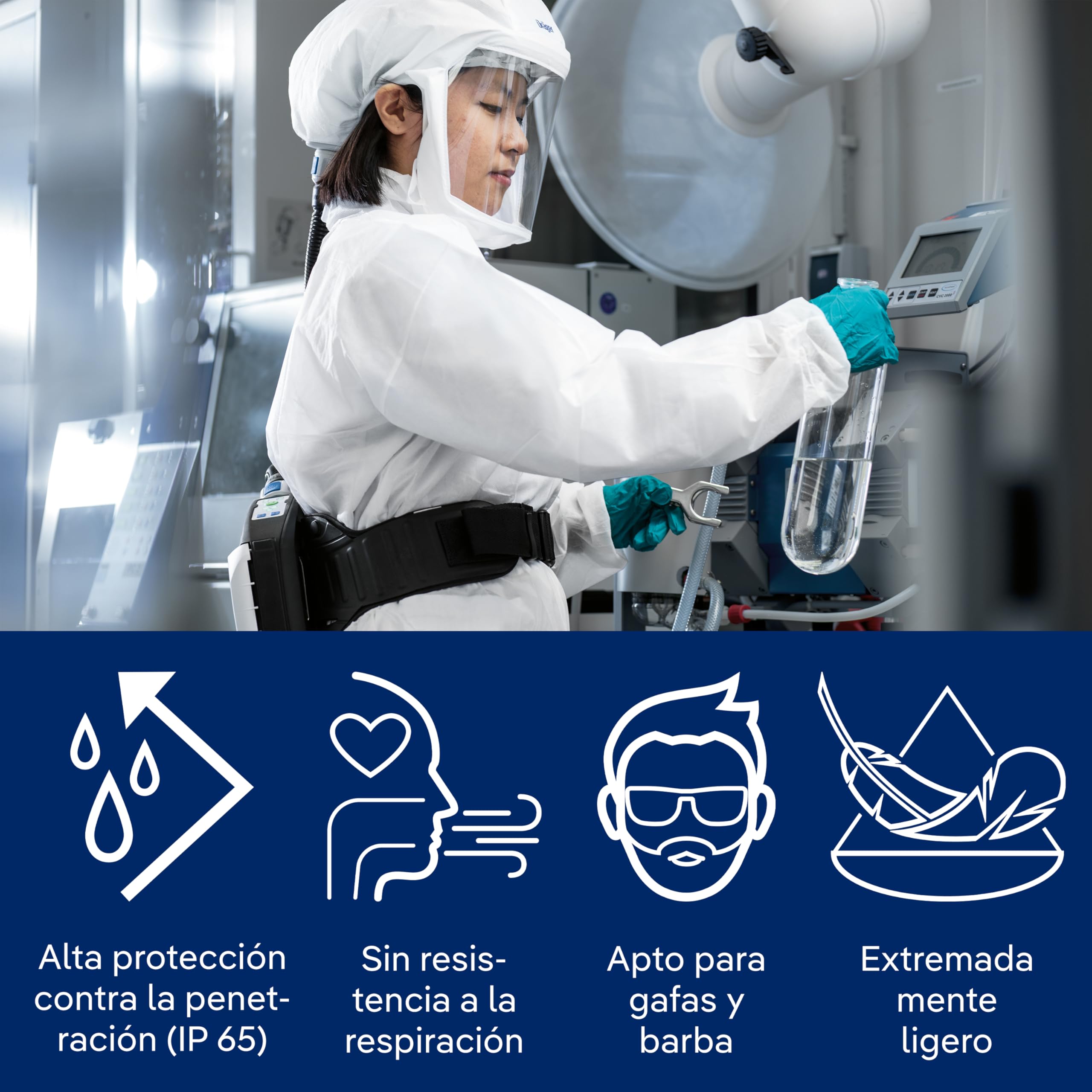 Dräger X-plore 8500 PAPR, aparato respiratorio, aprobado por NIOSH, IP 65, capó corto L/XL, batería de iones de litio, manguera flexible