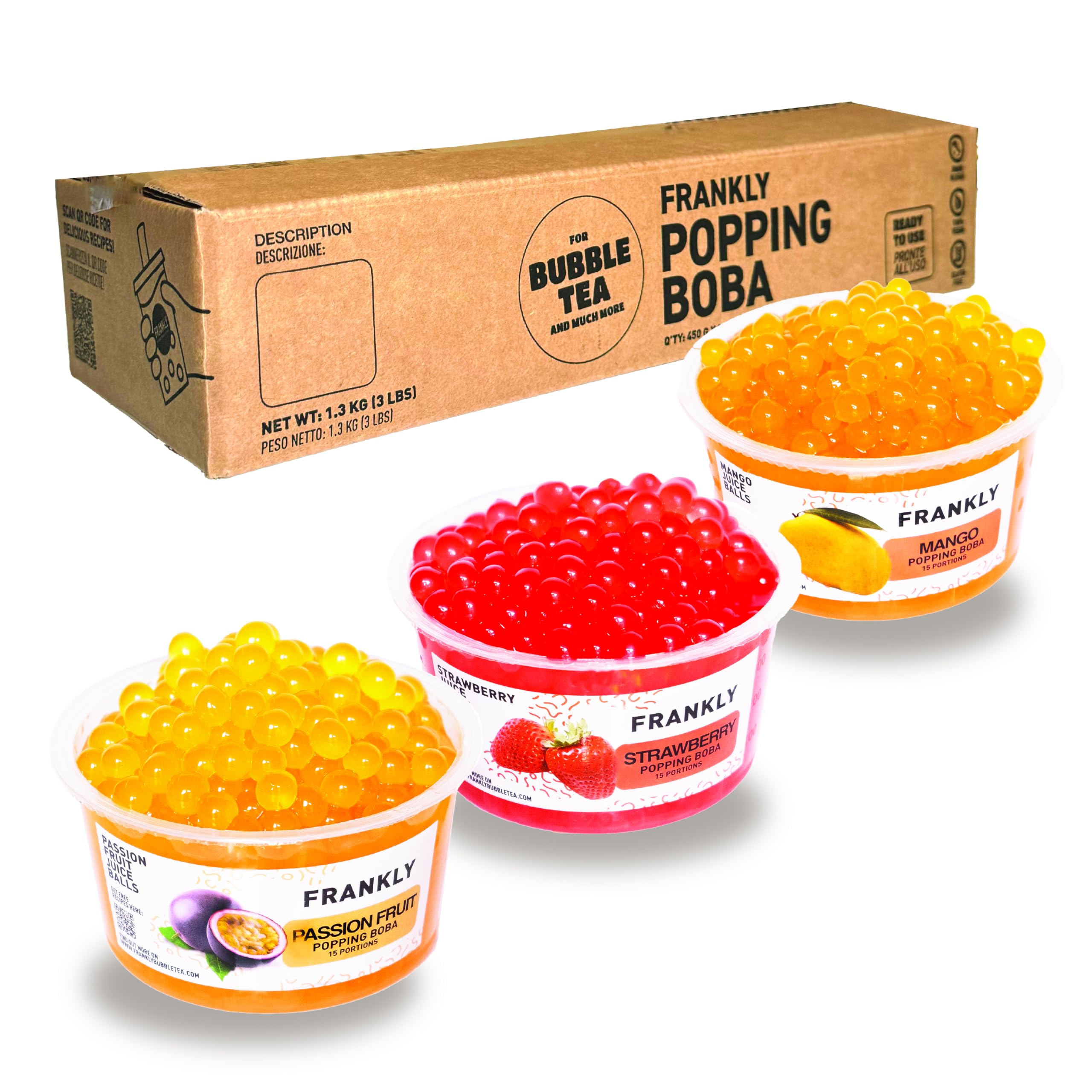 FRANKLY - Mix Perle Bubble Tea - 3x450g Popping Boba | barattoli da 450gr - Per Bubble Tea, Yogurt, Torte e Dolci (Fragola, Mango, Frutto della passione)