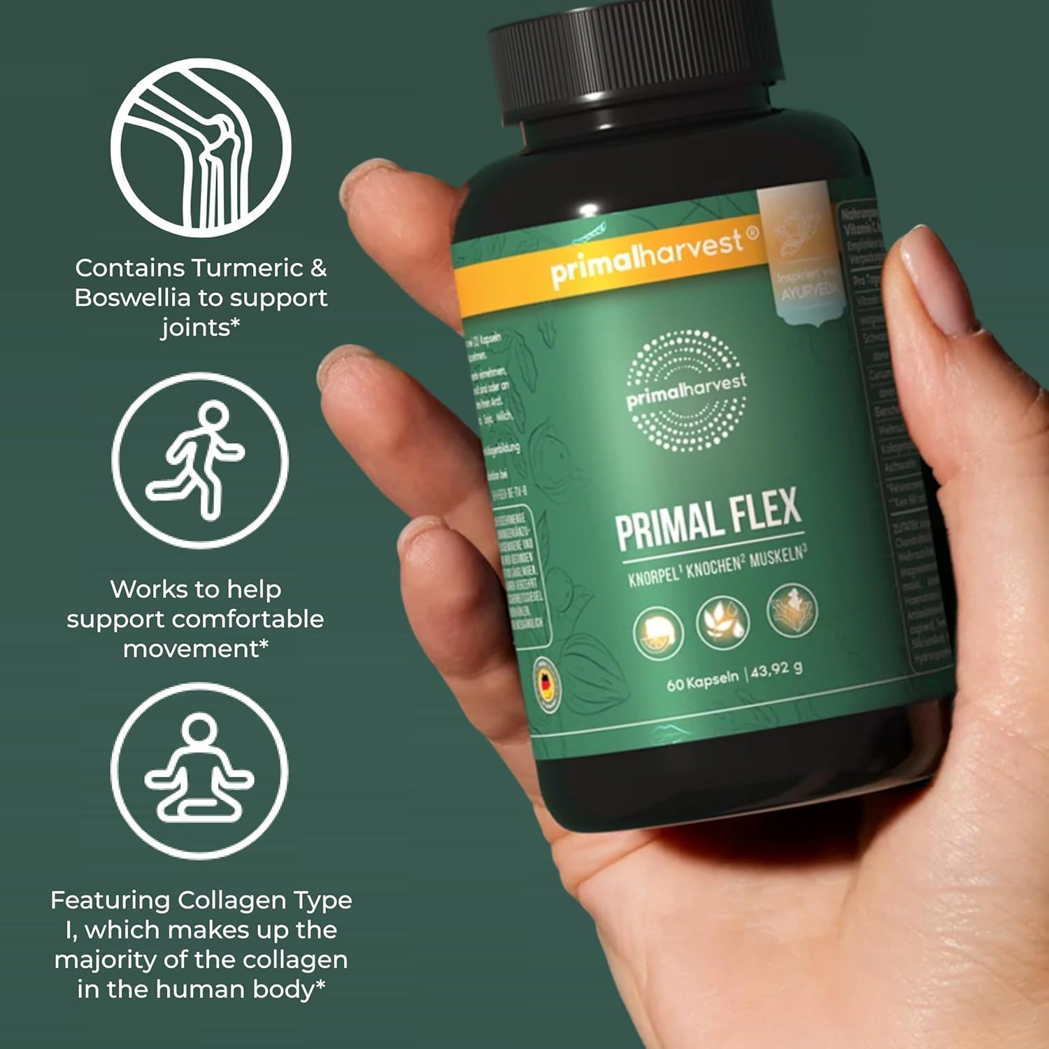 Primal Harvest Primal Flex with Turmeric, Hyaluronic Acid, Type II Collagen and Boswellia for Joint Comfort, Flexibility and Mobility Support (60 Count (2 Pack)