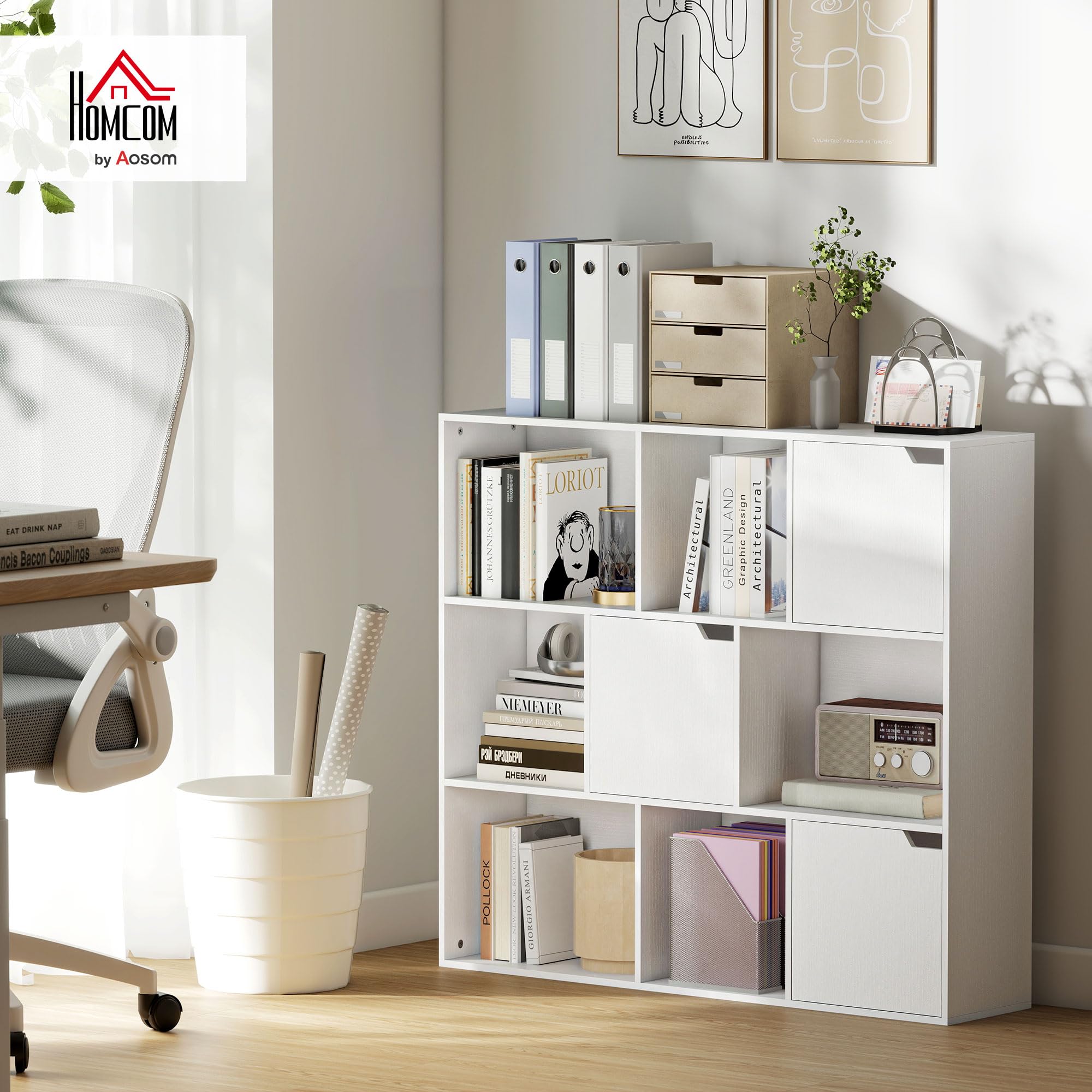 HOMCOM Bibliothèque Étagère de Rangement Étagère de Bureau avec 9 Compartiments cubiques, 3 Portes, 6 étagères Ouvertes Étagère d'affichage pour Home-Office Salon Blanc 106 x 24 x 95 cm