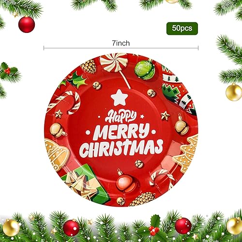 Miniatura 2 de KFJBPB Paquete de 50 platos de papel de Navidad de 7 pulgadas, platos de papel desechables rojos de Feliz Navidad, platos de postre de Navidad,