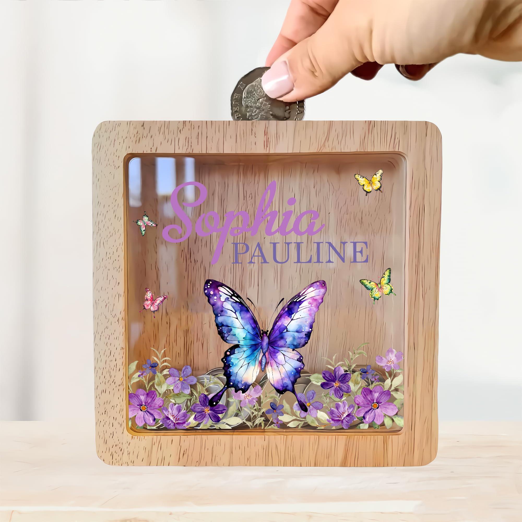 Personalized Piggy Bank, 6.7"x6.7" Wooden Money Banks for Kids, Custom Gifts for Boys and Girls, Personalized Piggy Bank for Girls