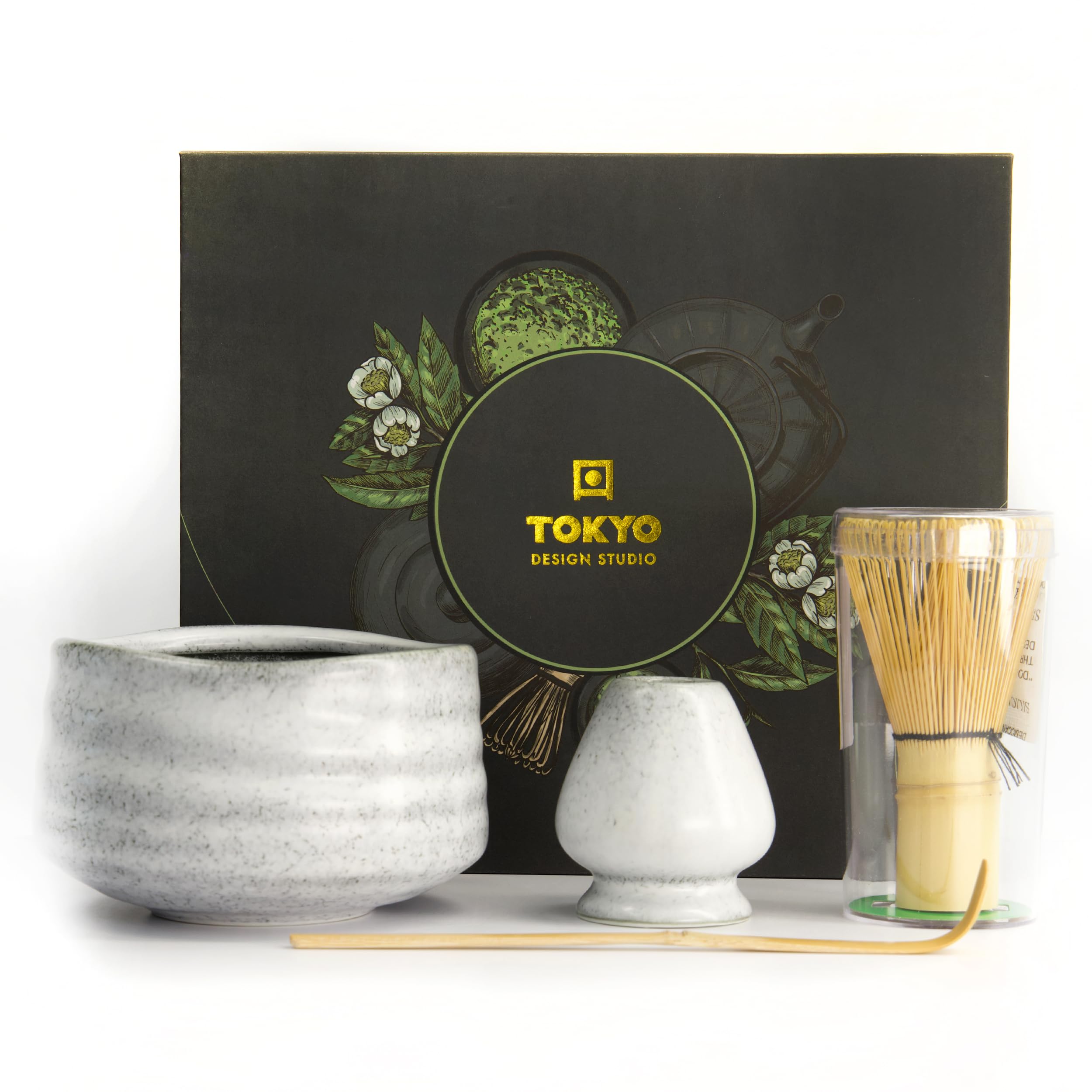 TOKYO design studio – 4-teiliges Matcha Set in hochwertiger Geschenkverpackung - mit Matchaschale, Bambusbesen, Bambuslöffel & Teebesenhalter – Traditionelle Teezeremonie – Edle Keramik in Grau