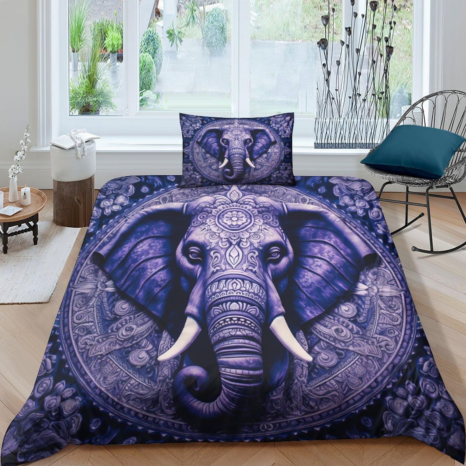 Housses de couettes mandalas violet et éléphant 3D avec fermeture éclair microfibr