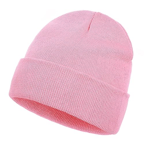 Beanie for Men Women, Slouchy Knitted Beanie Hats Winter Warm Hat Unisex Cuffed Plain Hat for Cold Weather - Pink - 1