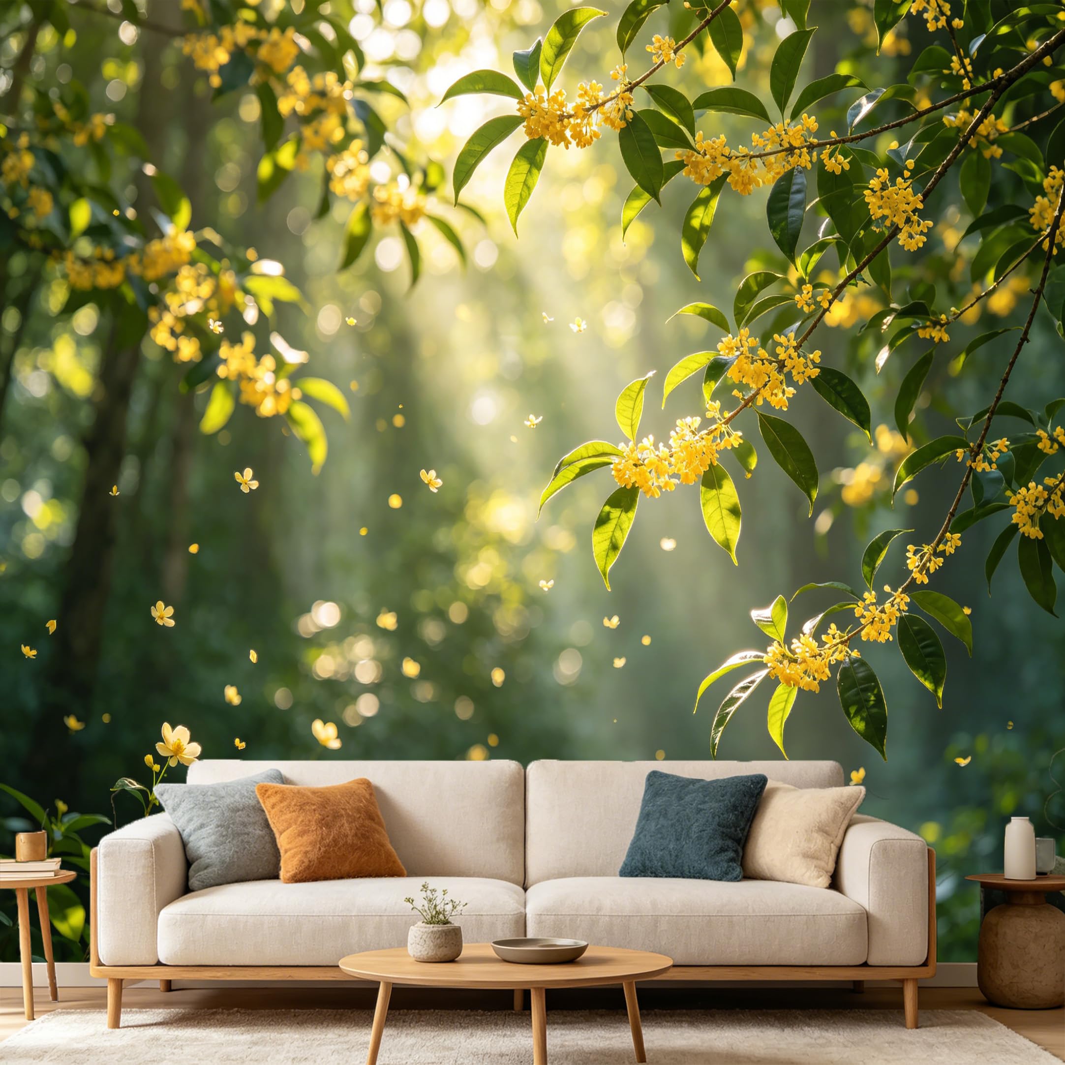 Custom Size Wall Mural Botanical Sunbeam Yellow Osmanthus Forest Landscape SelfAdhesive Art Prints wall Fabric（No PVC） Removable Wallpaper Home Bedroom Decor