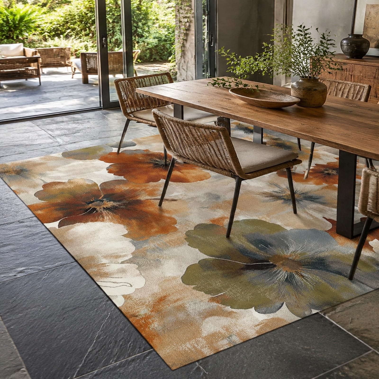 Tappeti di zona, 120 x 180 cm, Arancione floreale grigio beige bianco marrone, Tappeto Decorazione mobile tv Salotto Soggiorno, Lavabile in Lavatrice,